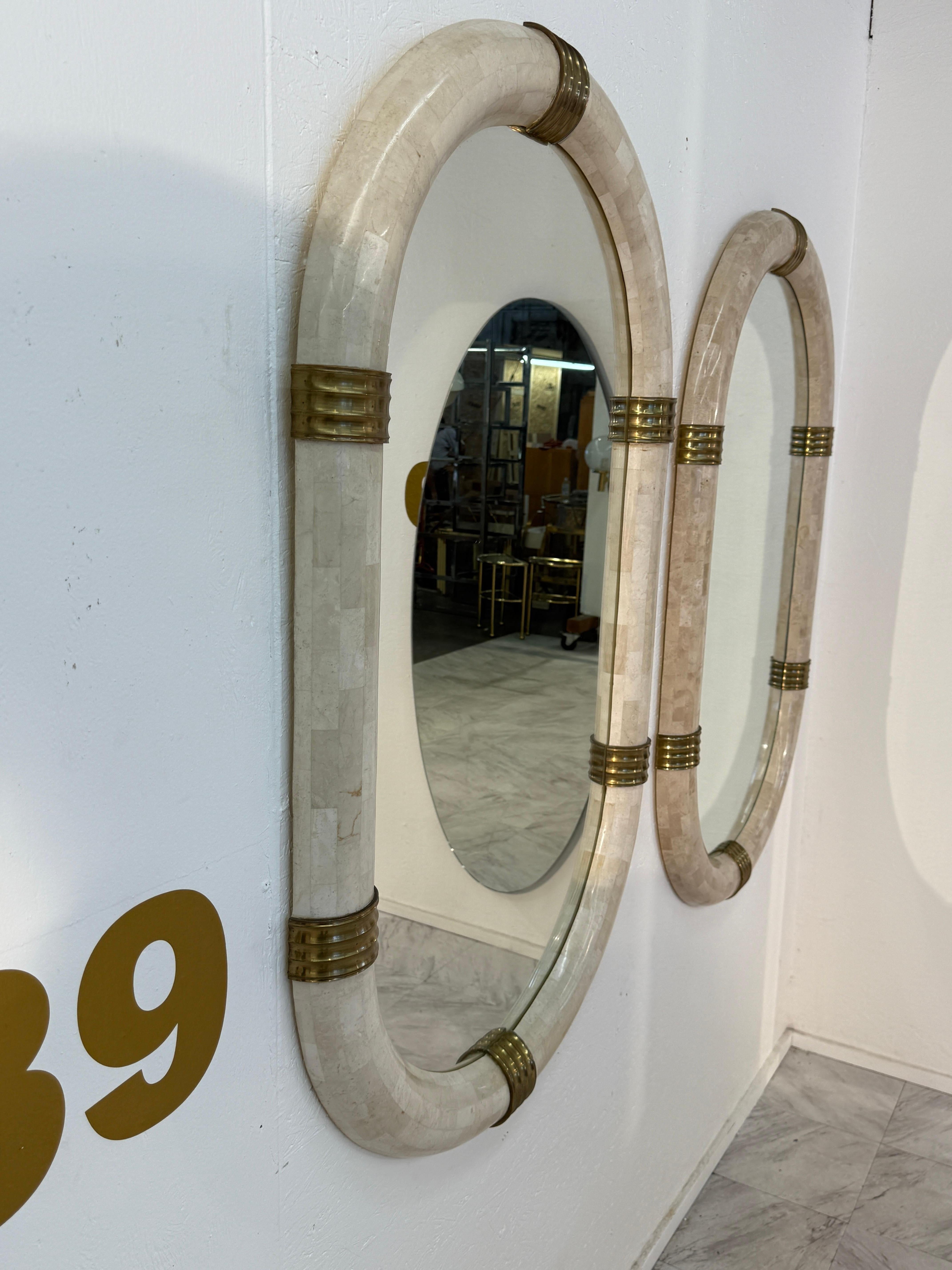 Modern Pair of Italian Oval Mirror in Tessellated Stone with Brass Accents, 1980s For Sale