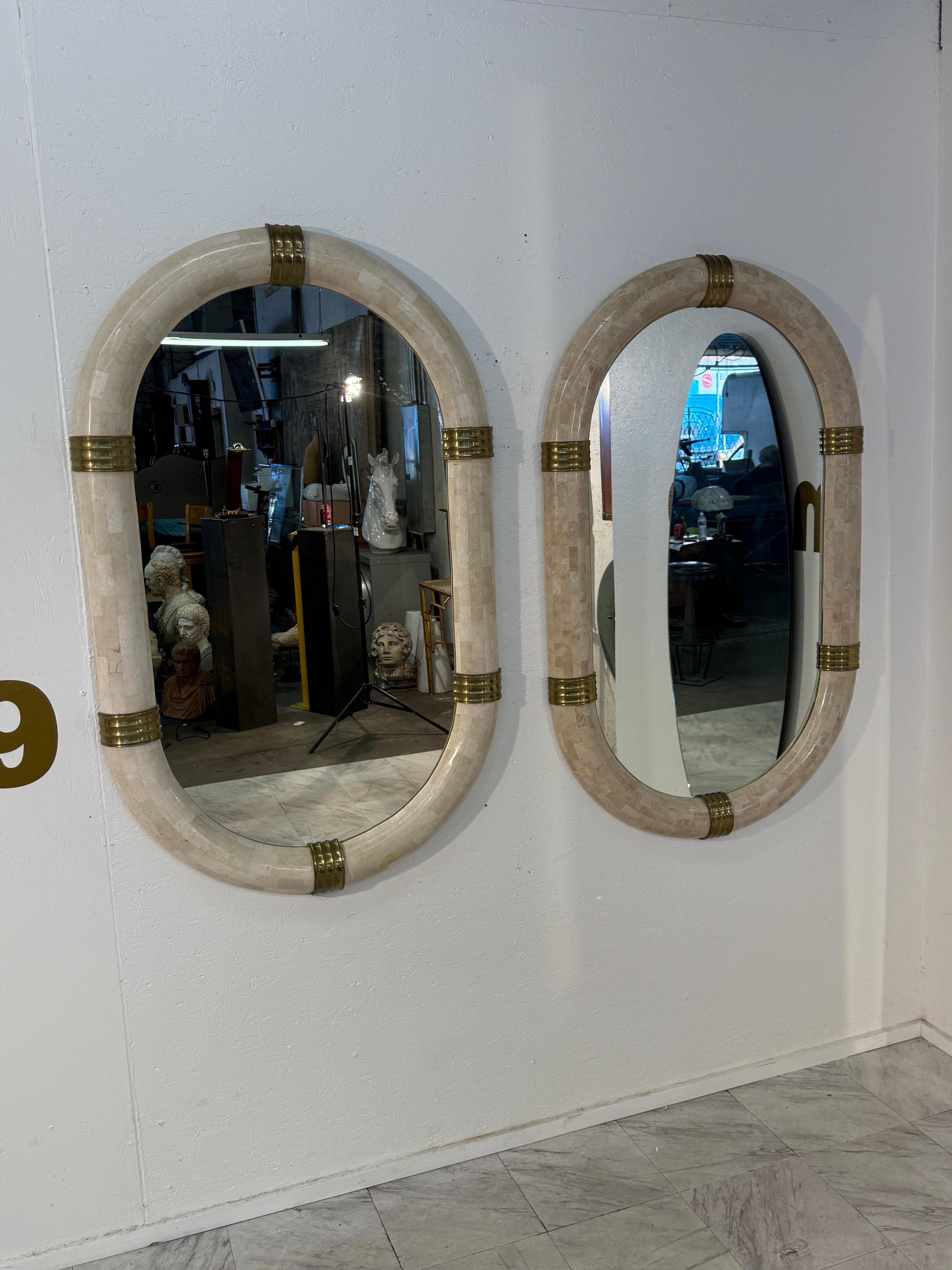 Pair of Italian Oval Mirror in Tessellated Stone with Brass Accents, 1980s For Sale 1