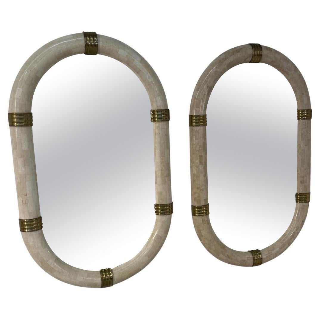 Pair of Italian Oval Mirror in Tessellated Stone with Brass Accents, 1980s For Sale