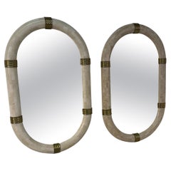 Pair of Italian Oval Mirror in Tessellated Stone with Brass Accents, 1980s