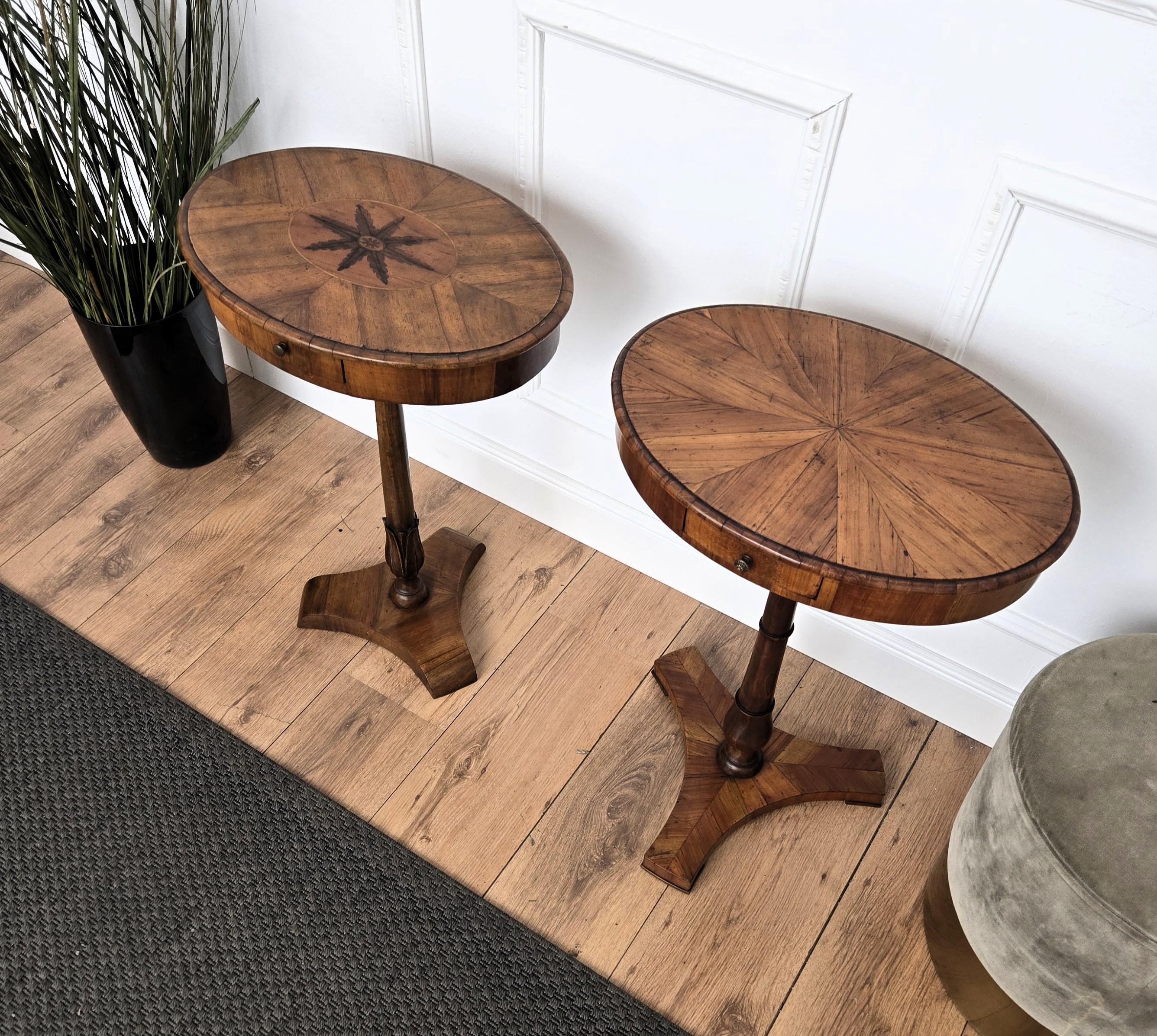 Brass Pair of Italian Oval Tripod Side Tables Night Stands in Marquetry Burl Walnut For Sale
