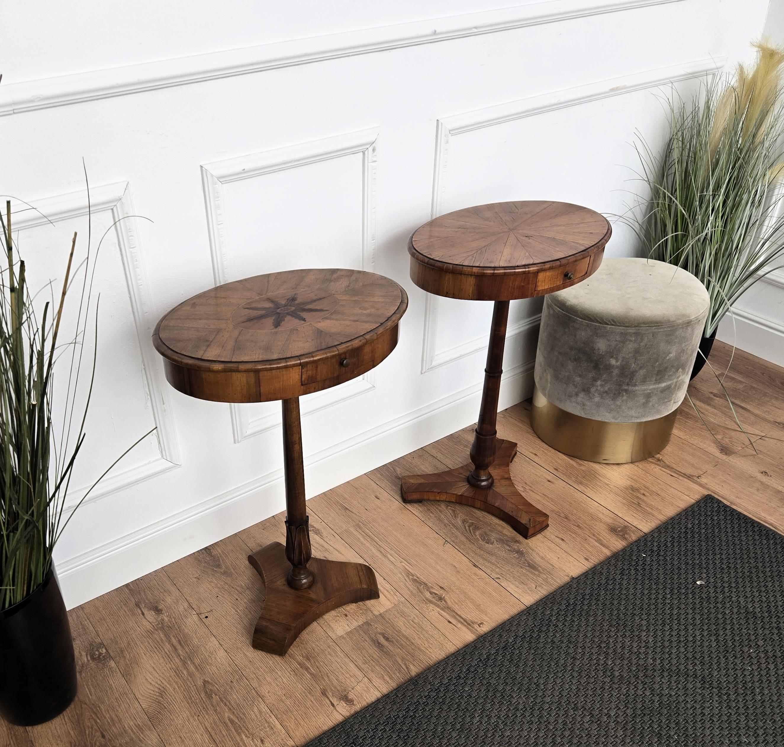Pair of Italian Oval Tripod Side Tables Night Stands in Marquetry Burl Walnut For Sale 1