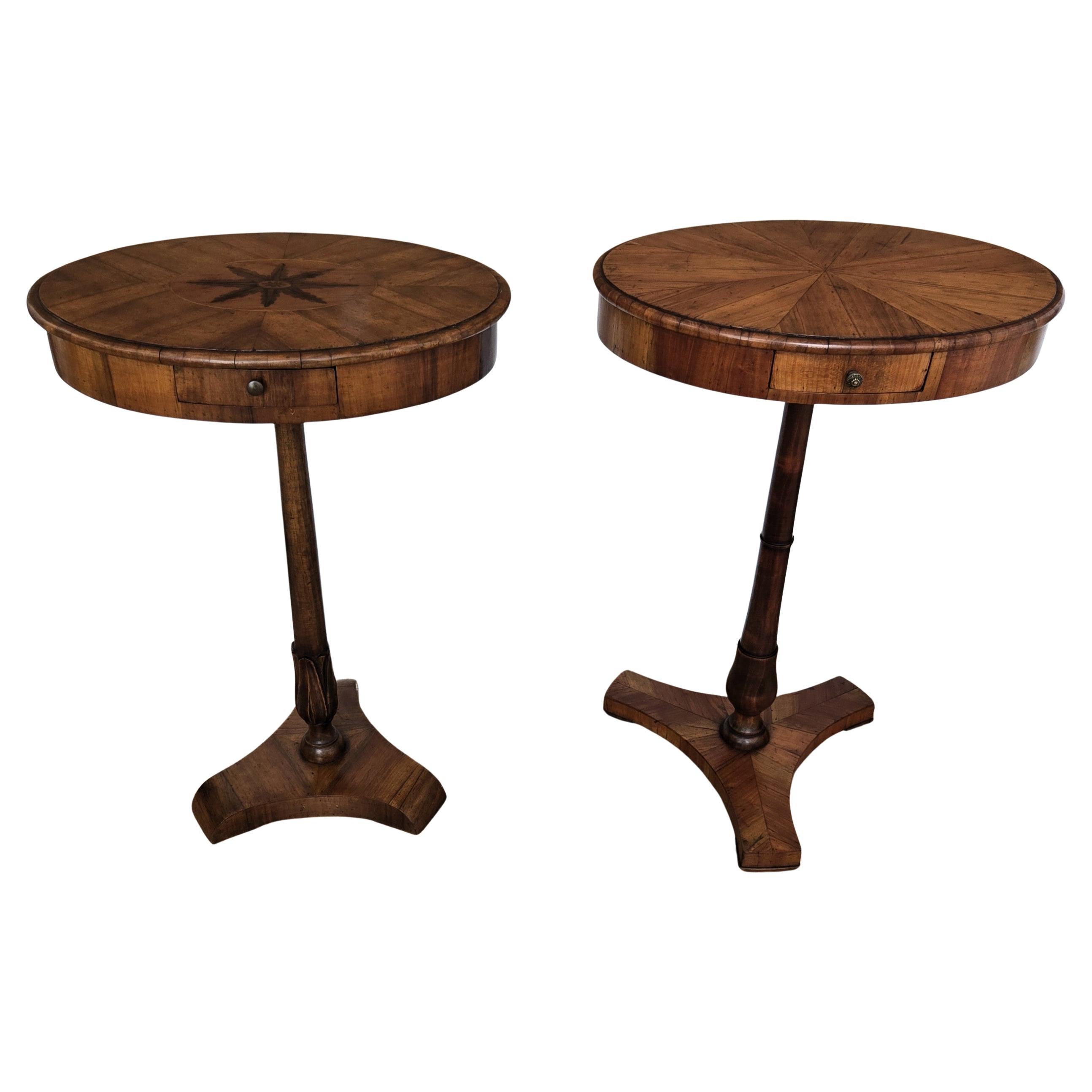 Pair of Italian Oval Tripod Side Tables Night Stands in Marquetry Burl Walnut