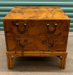 "Pair" of Italian Oyster Burl Night Tables w/ Rattan Bases