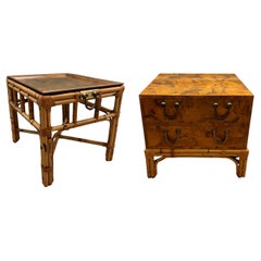 "Pair" of Italian Oyster Burl Night Tables w/ Rattan Bases