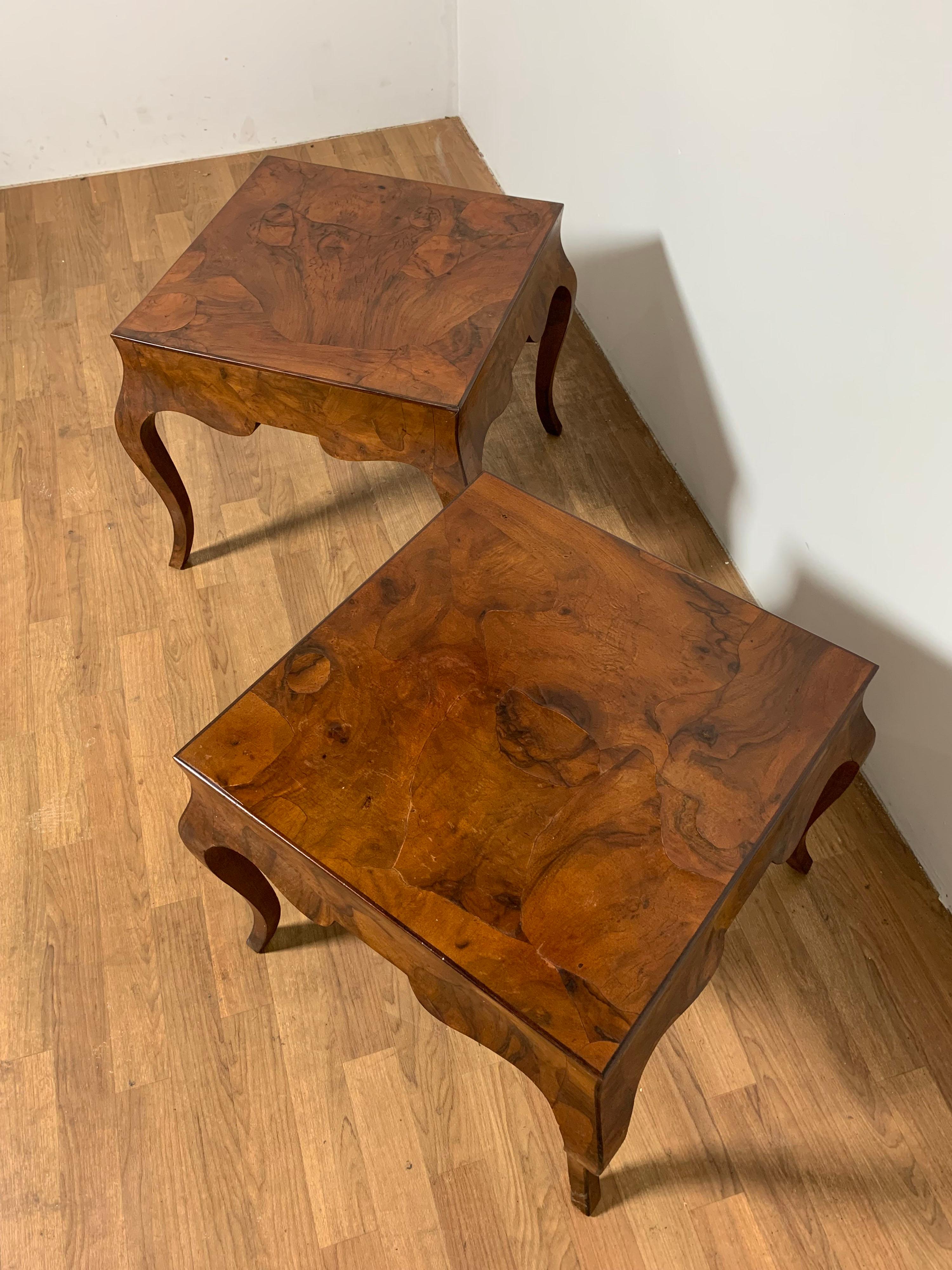 Pair of Italian oyster burl side tables with cabriole legs and shaped skirt, circa 1950s.