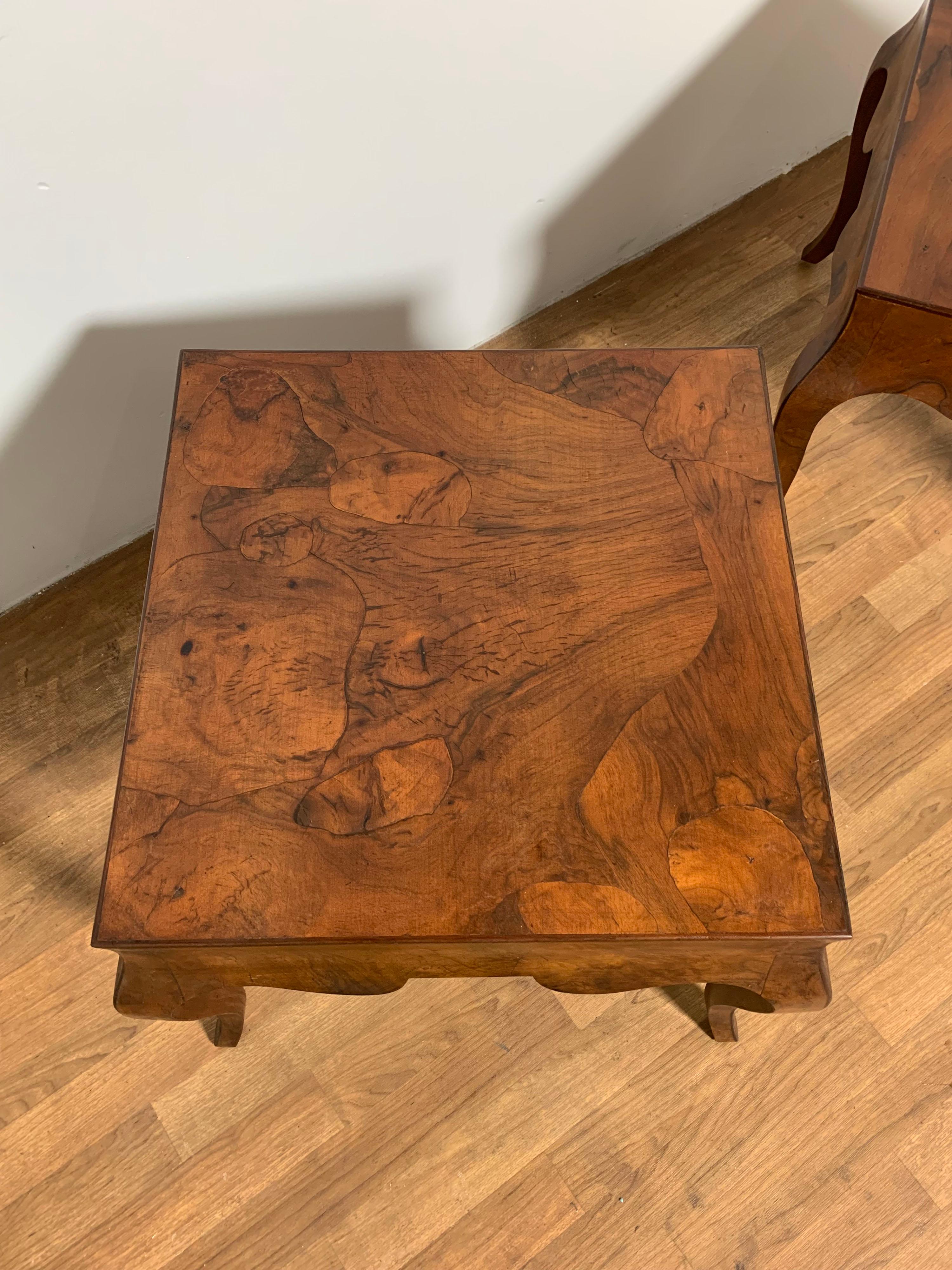 Pair of Italian Oyster Burl Wood Side Tables, Circa 1950s In Good Condition In Peabody, MA