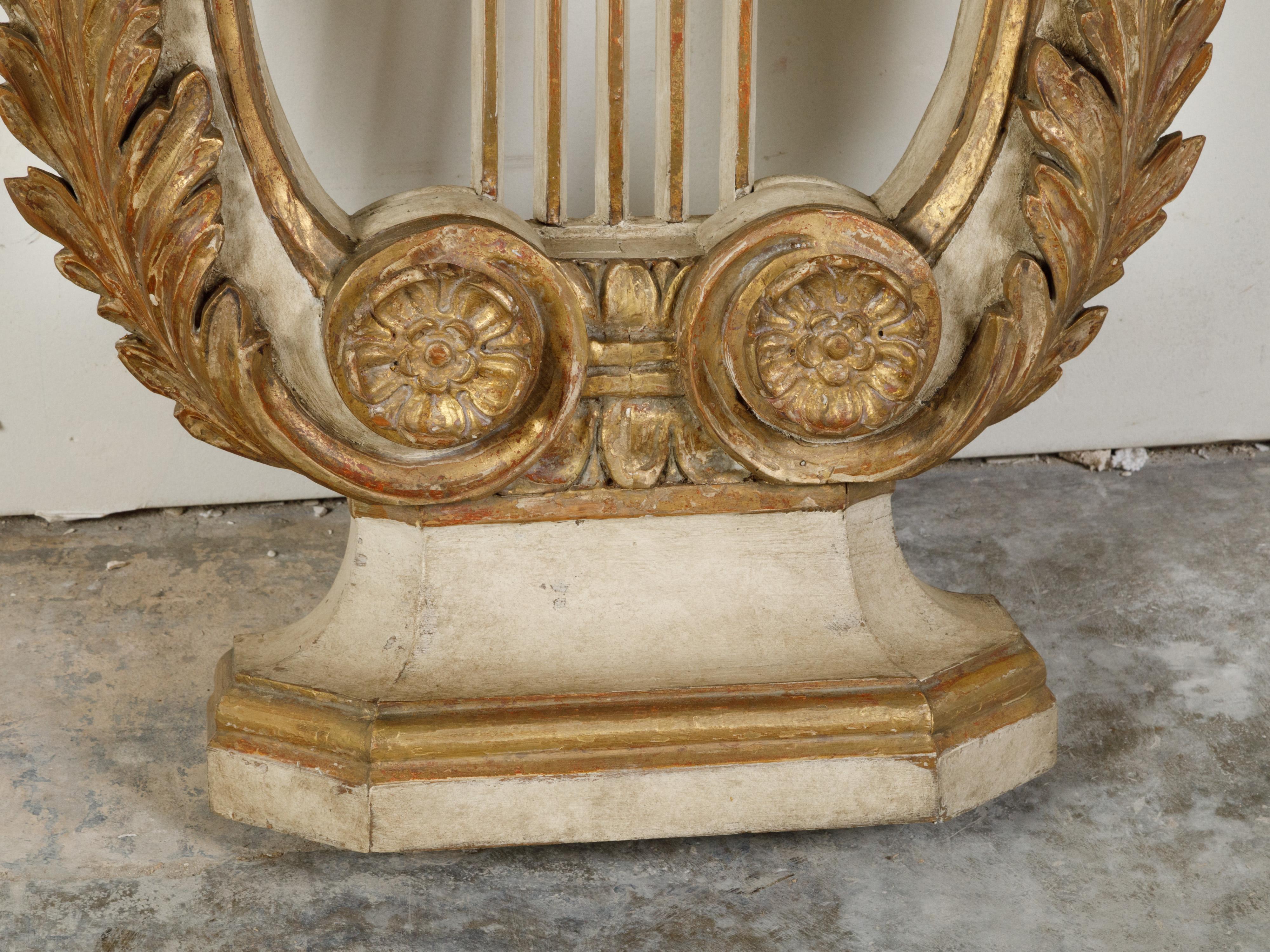 Pair of Italian Painted and Gilded Demilune Console Tables with Lyre Bases For Sale 4
