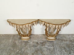 Pair of Italian Painted and Gilded Demilune Console Tables with Lyre Bases