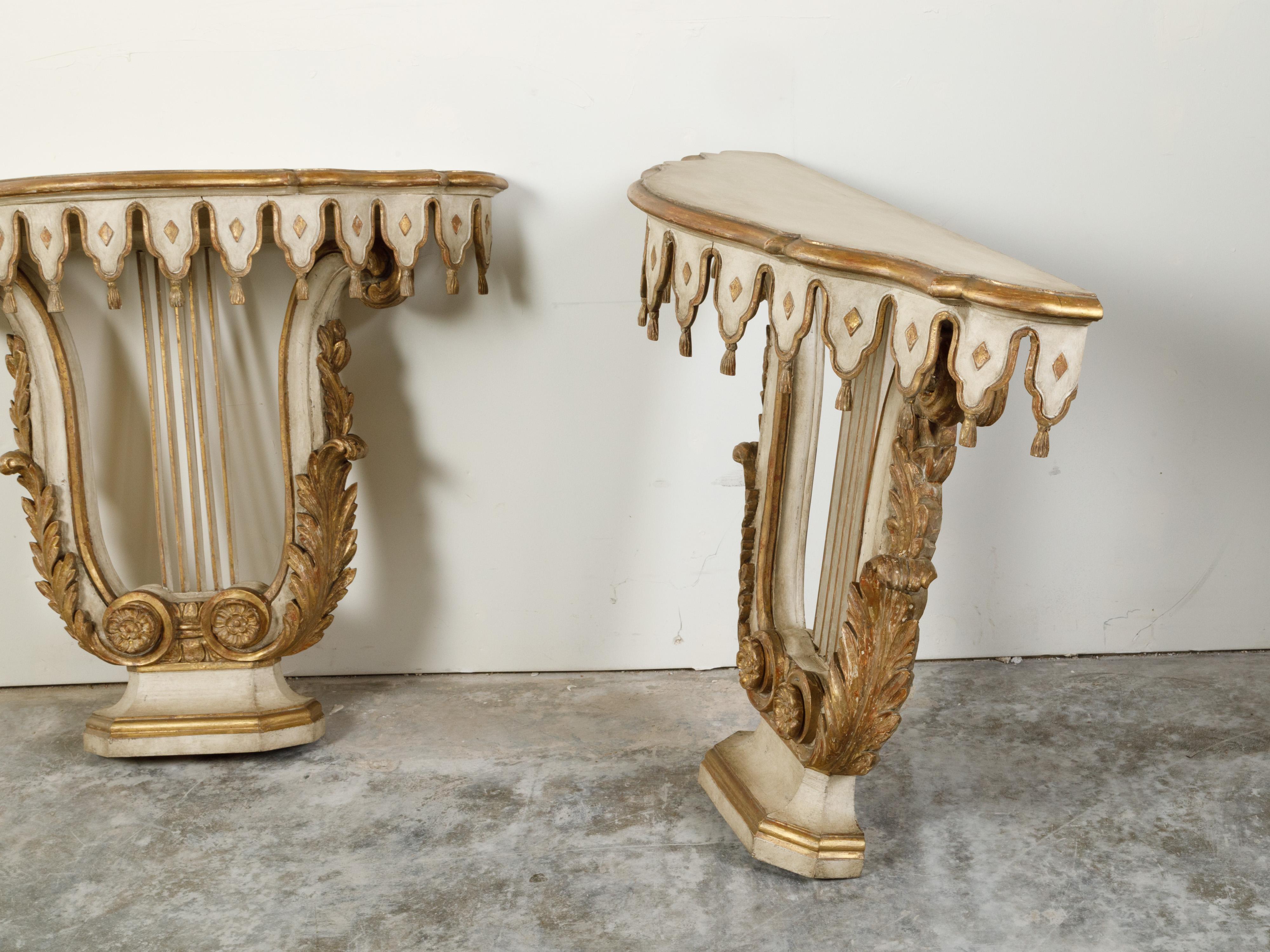 Pair of Italian Painted and Gilded Demilune Console Tables with Lyre Bases In Good Condition For Sale In Atlanta, GA