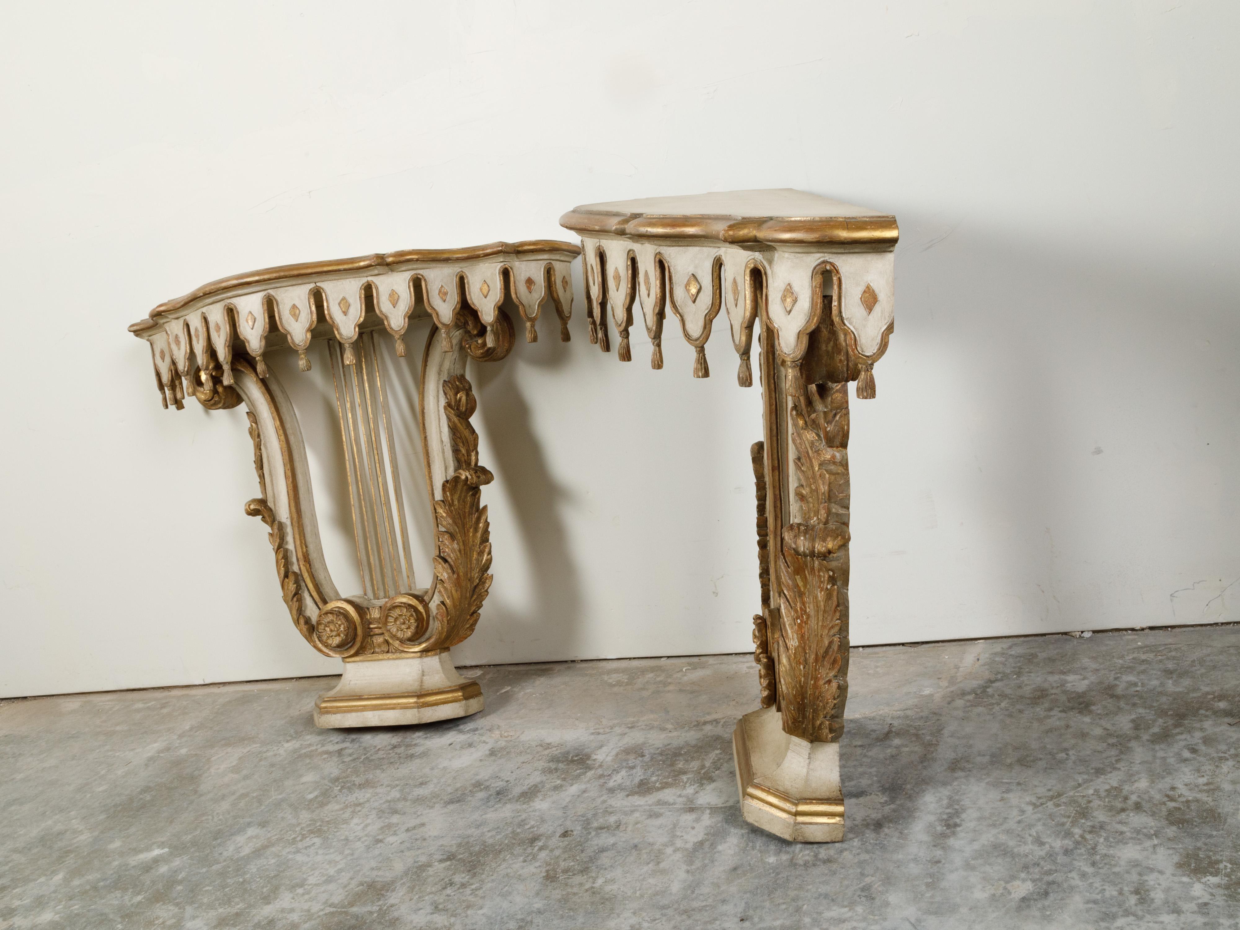 20th Century Pair of Italian Painted and Gilded Demilune Console Tables with Lyre Bases For Sale