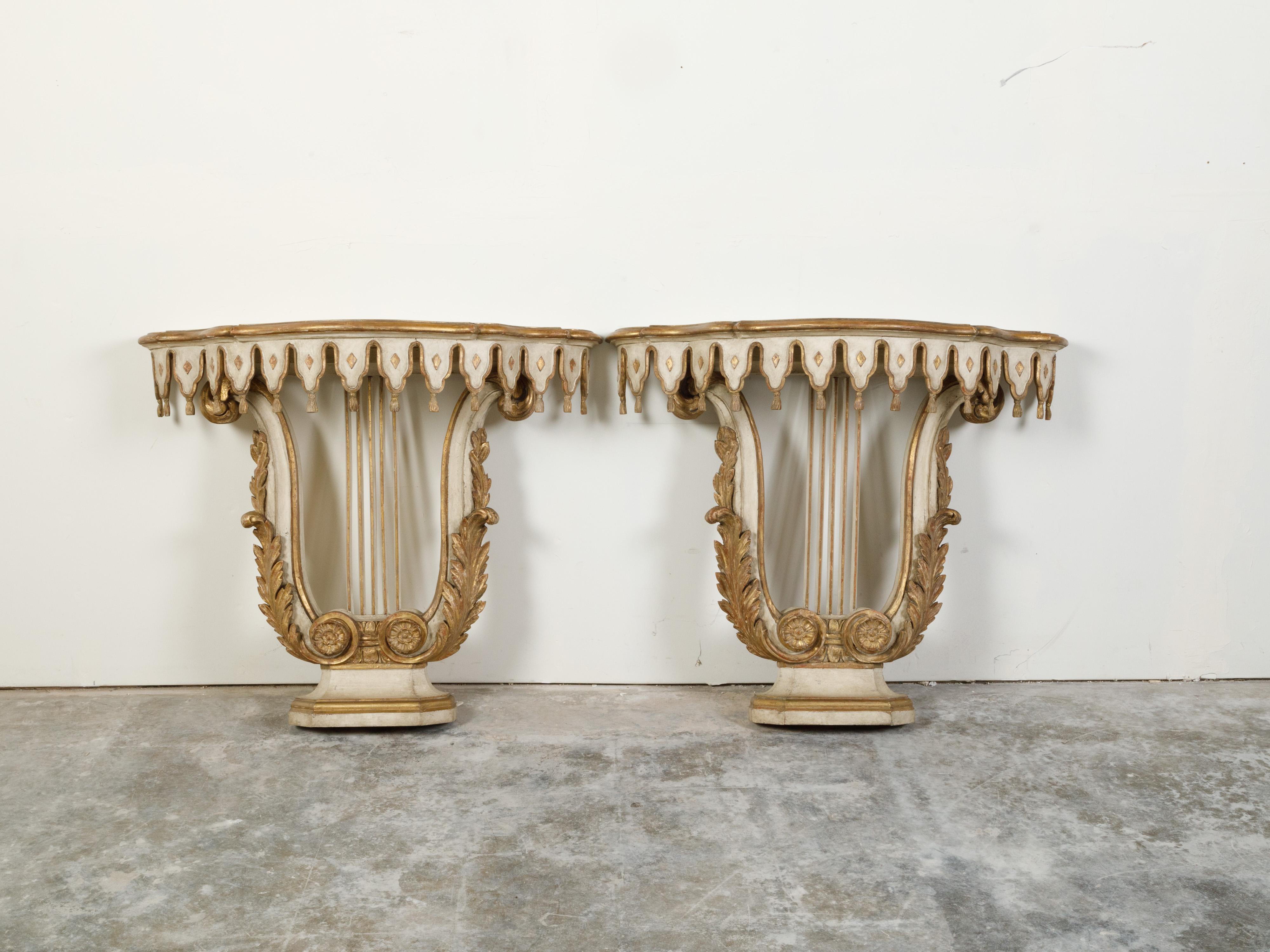Pair of Italian Painted and Gilded Demilune Console Tables with Lyre Bases For Sale 1