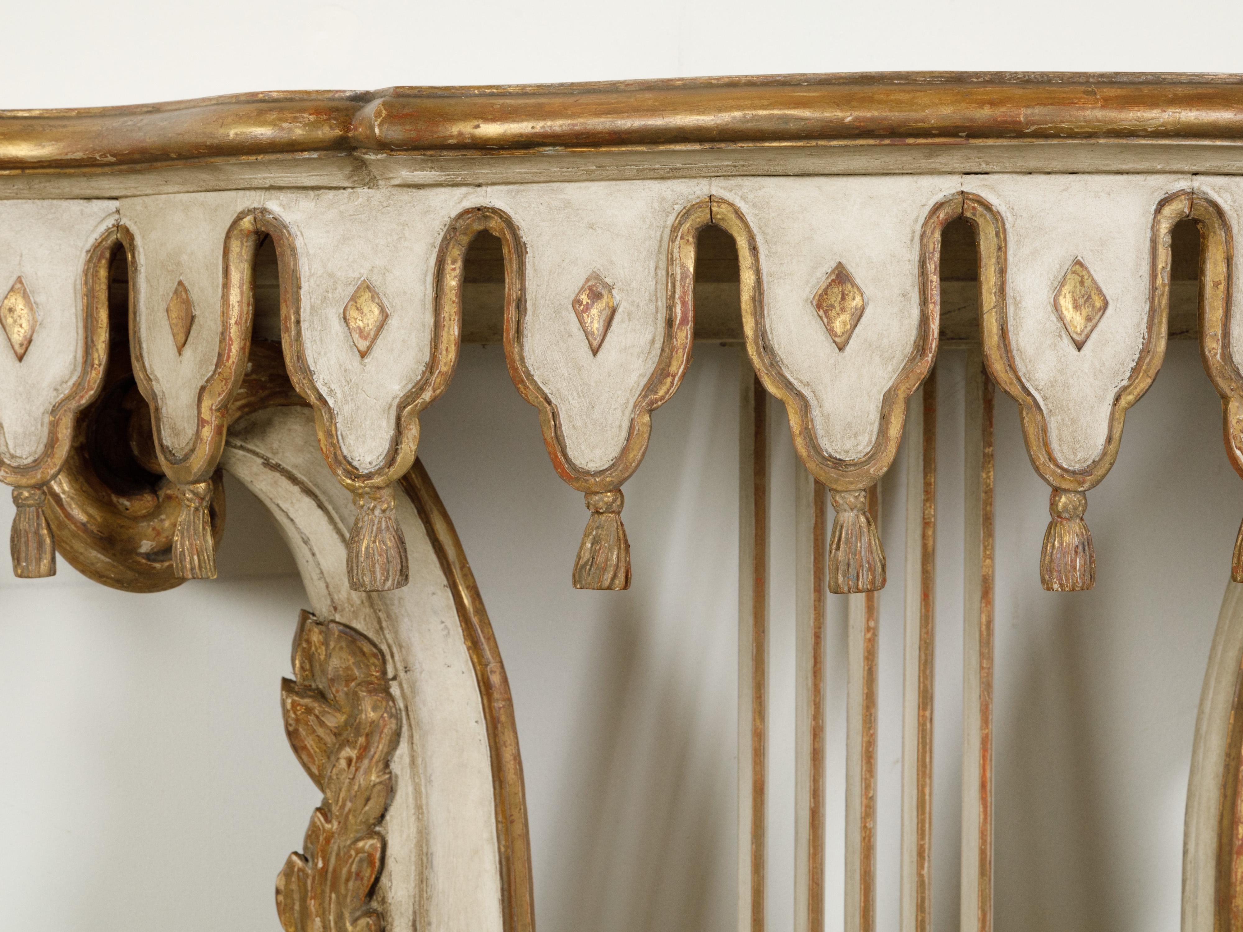 Pair of Italian Painted and Gilded Demilune Console Tables with Lyre Bases For Sale 2