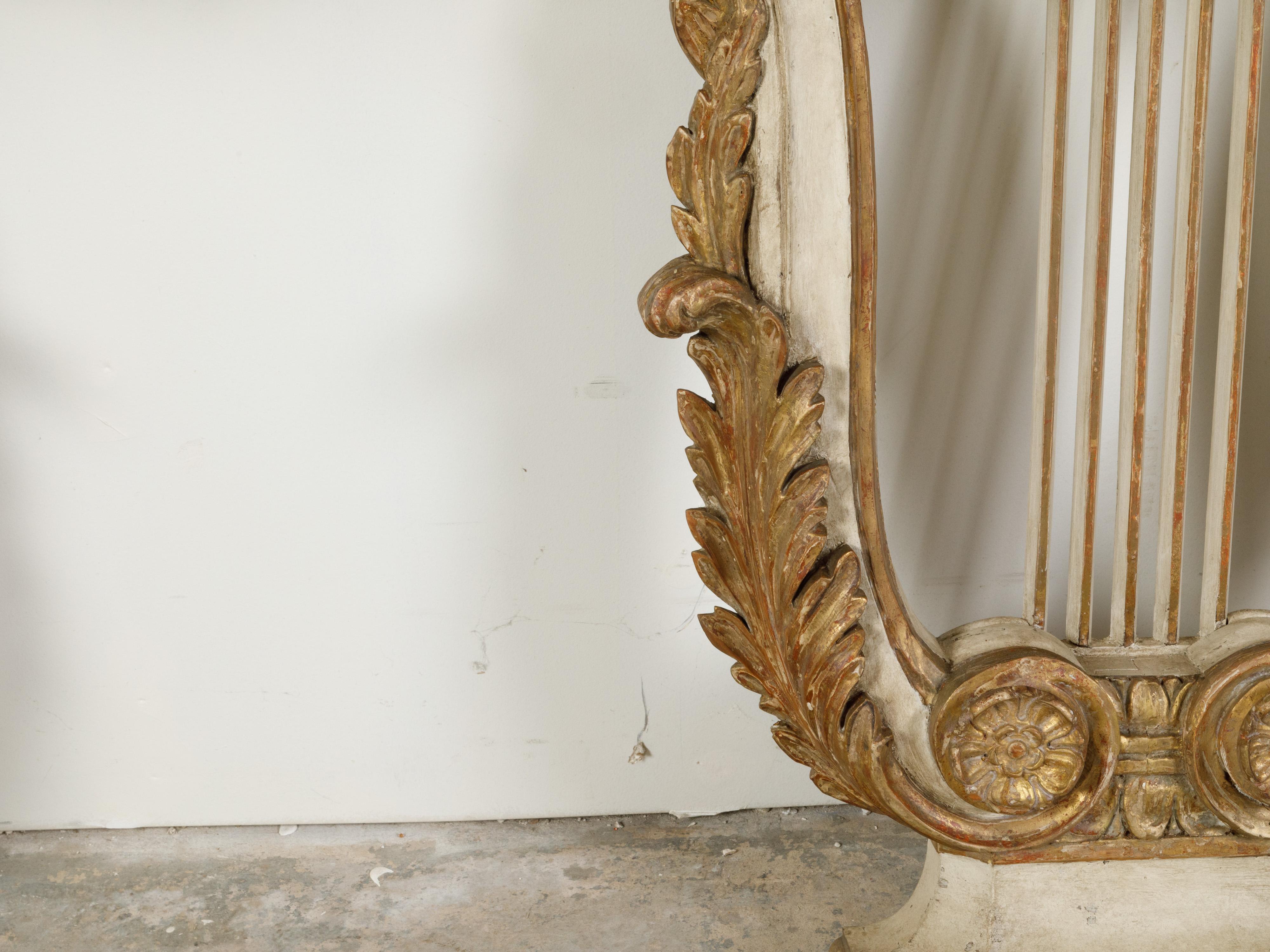 Pair of Italian Painted and Gilded Demilune Console Tables with Lyre Bases For Sale 3