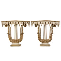 Pair of Italian Painted and Gilded Demilune Console Tables with Lyre Bases