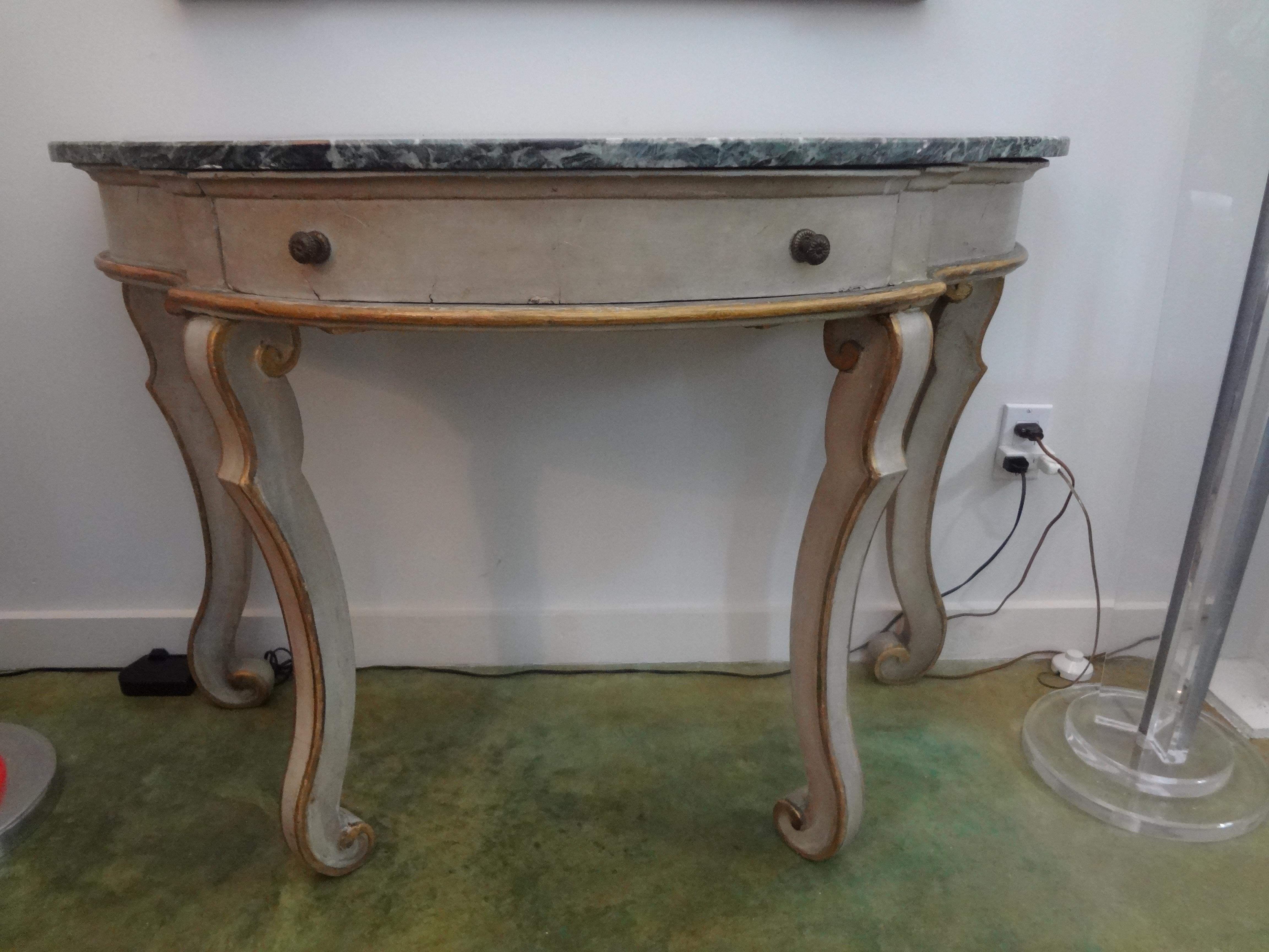 Marble Pair of Italian Console Tables, Painted and Giltwood  For Sale