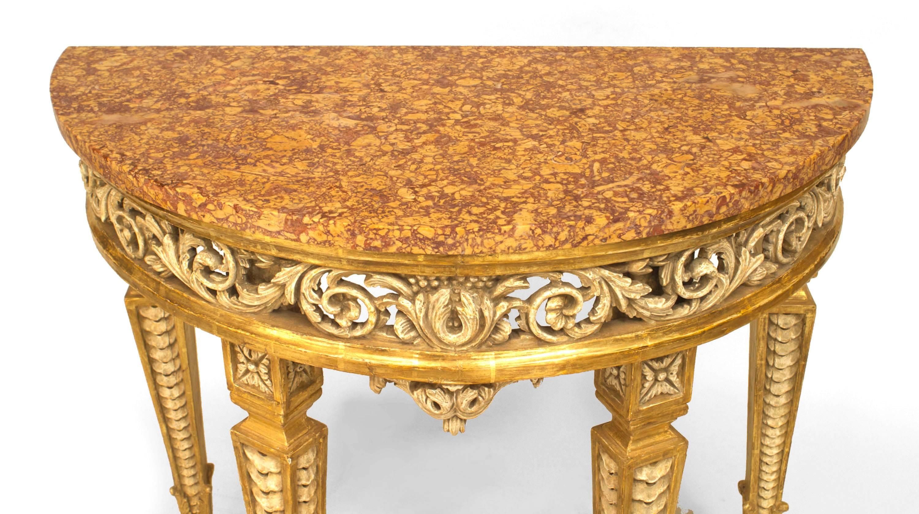 Neoclassical Pair of Italian Neo-Classic Gilt Demilune Console Tables For Sale