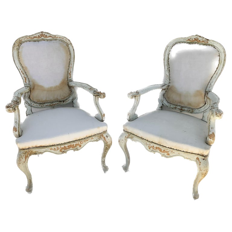 Pair of Italian Painted and Parcel Gilt Open Armchairs For Sale at 1stDibs