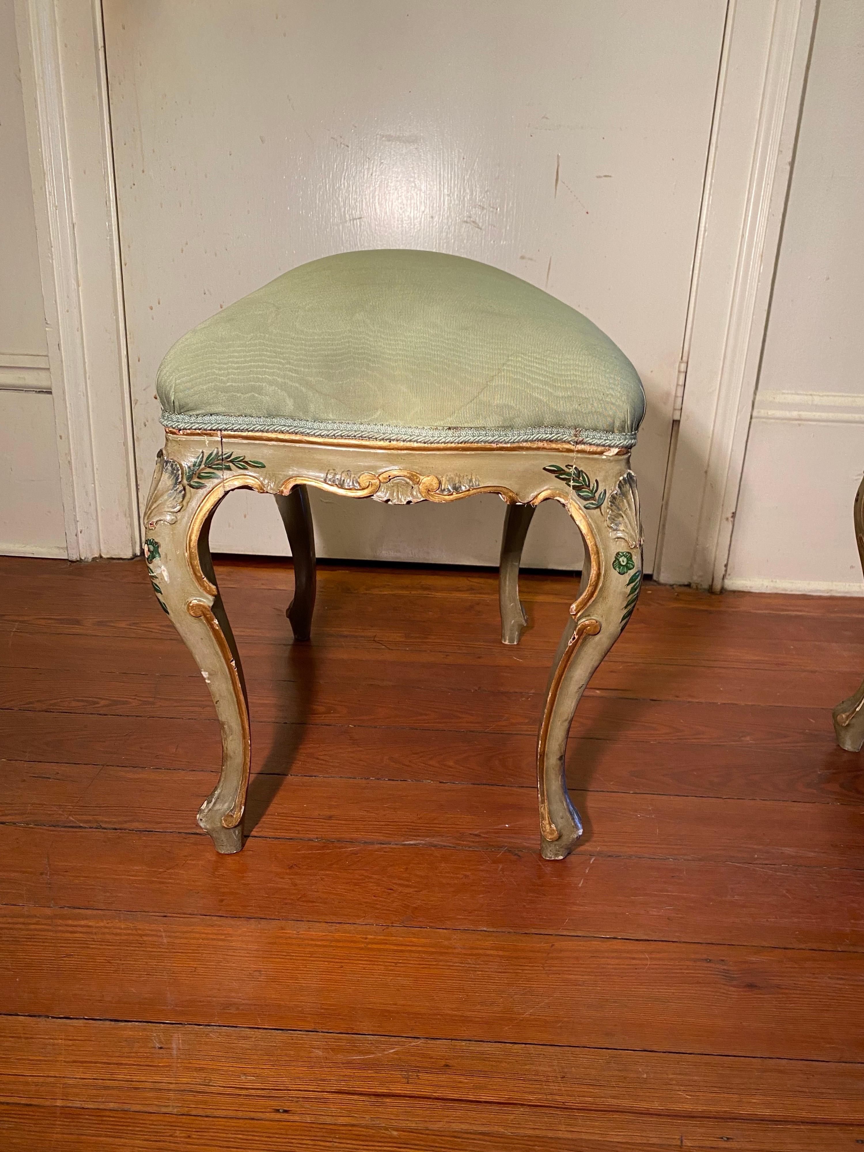 Pair of Italian Painted and Parcel Gilt Stools In Fair Condition For Sale In Natchez, MS