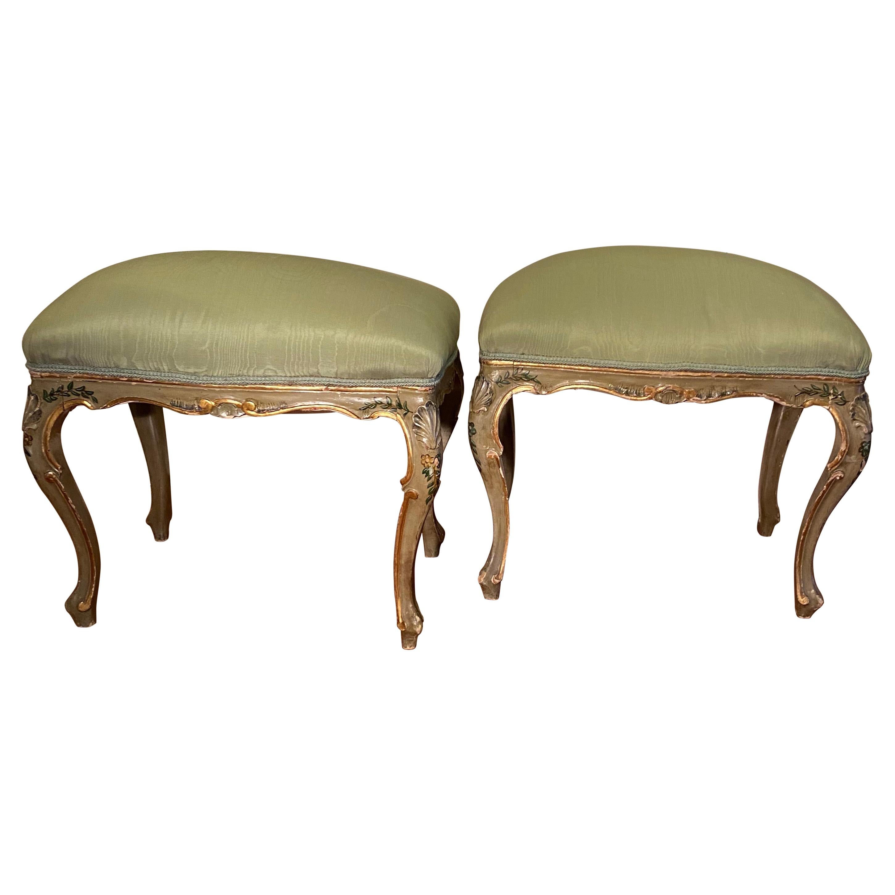 Pair of Italian Painted and Parcel Gilt Stools For Sale