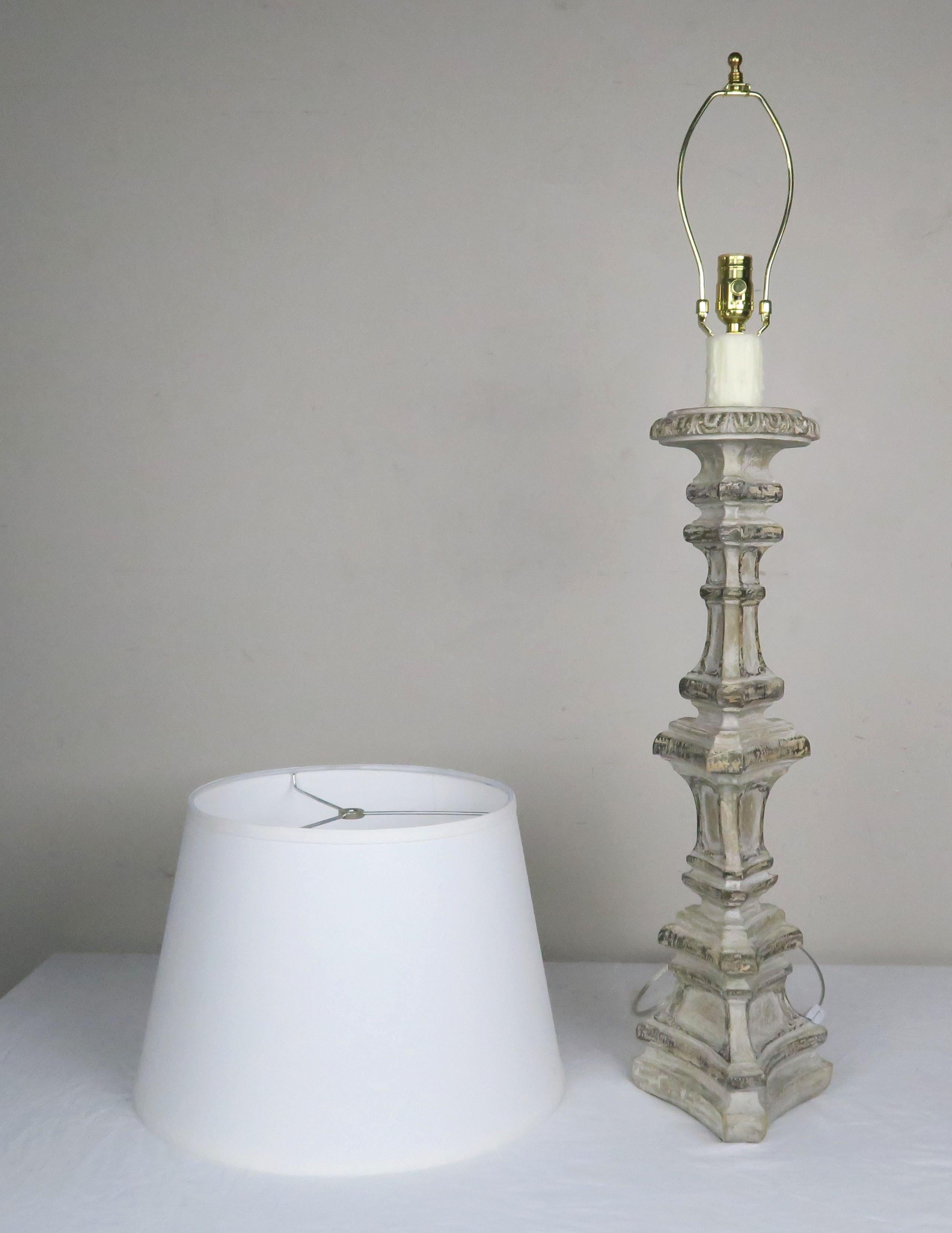 Pair of Italian Painted Candlestick Lamps with Linen Shades 5