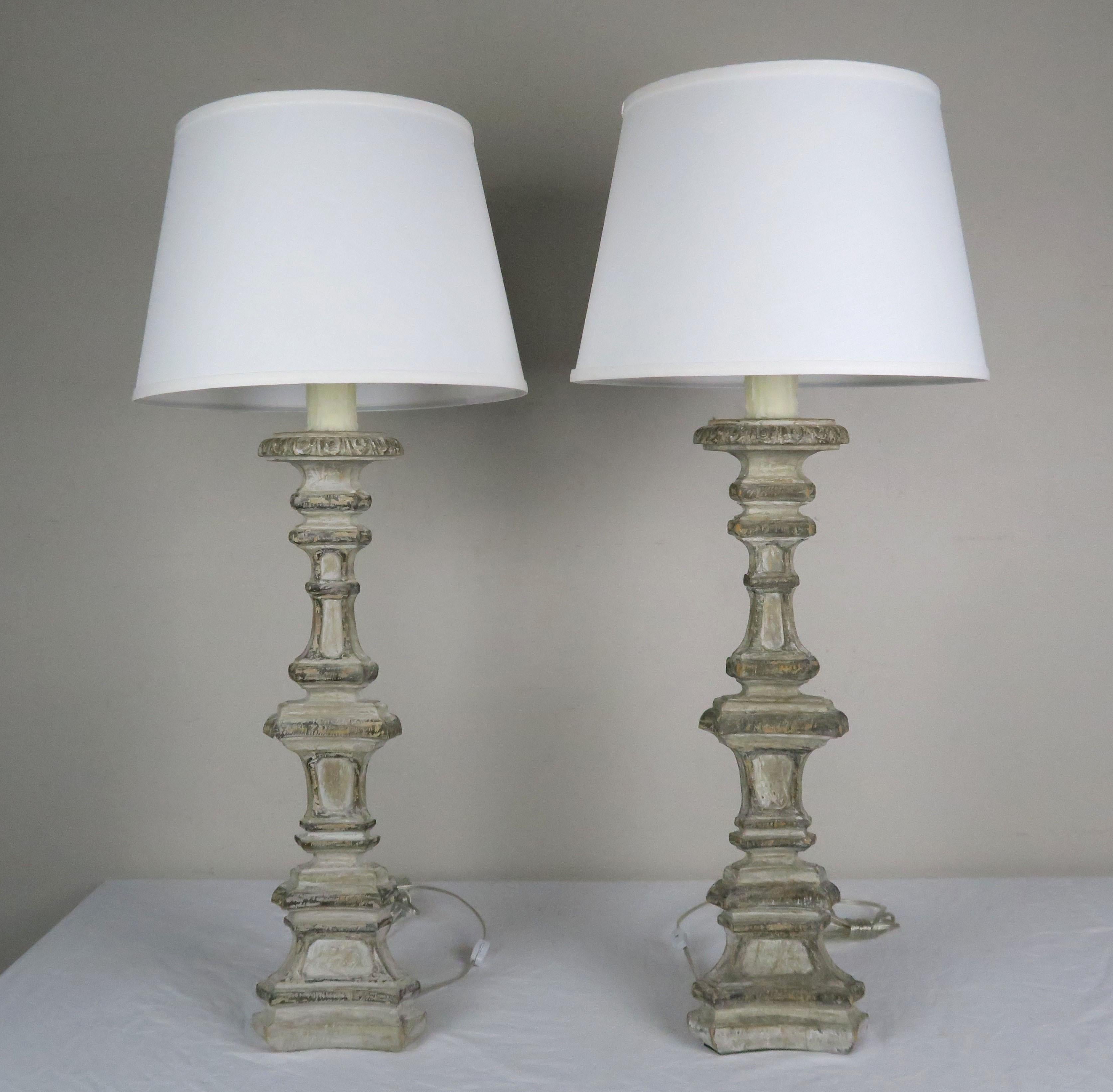 Pair of Italian Painted Candlestick Lamps with Linen Shades 6