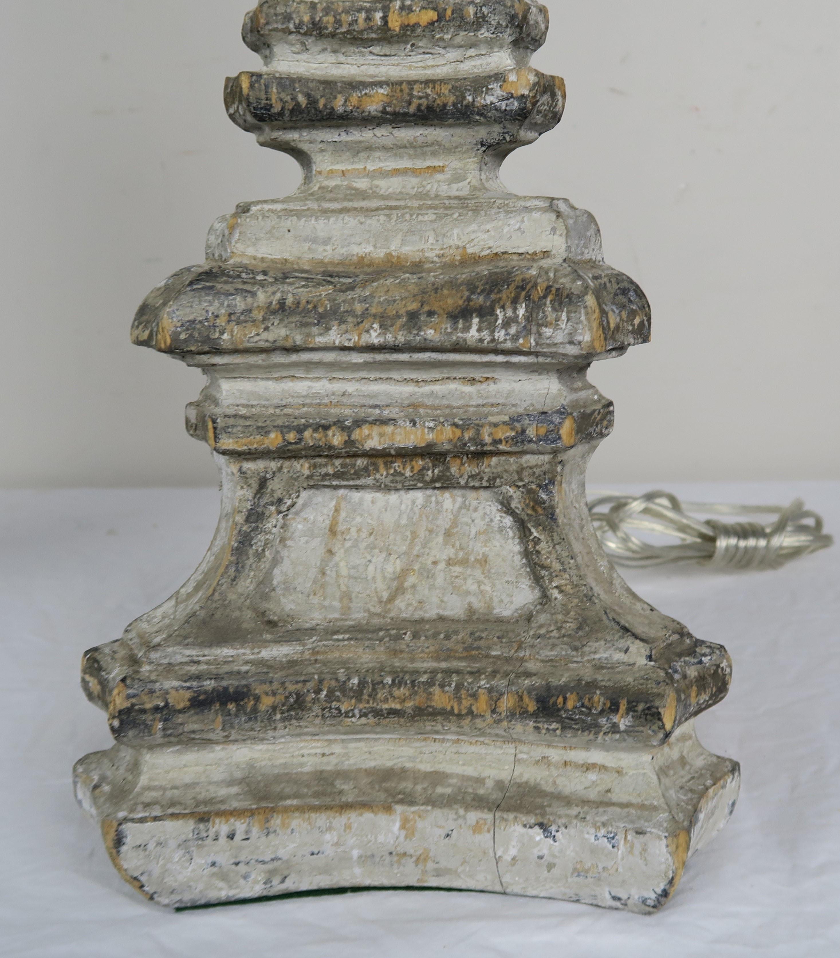 Pair of Italian Painted Candlestick Lamps with Linen Shades In Distressed Condition In Los Angeles, CA