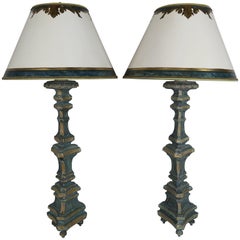 Antique Pair of Italian Painted Candlestick Lamps with Parchment Shades