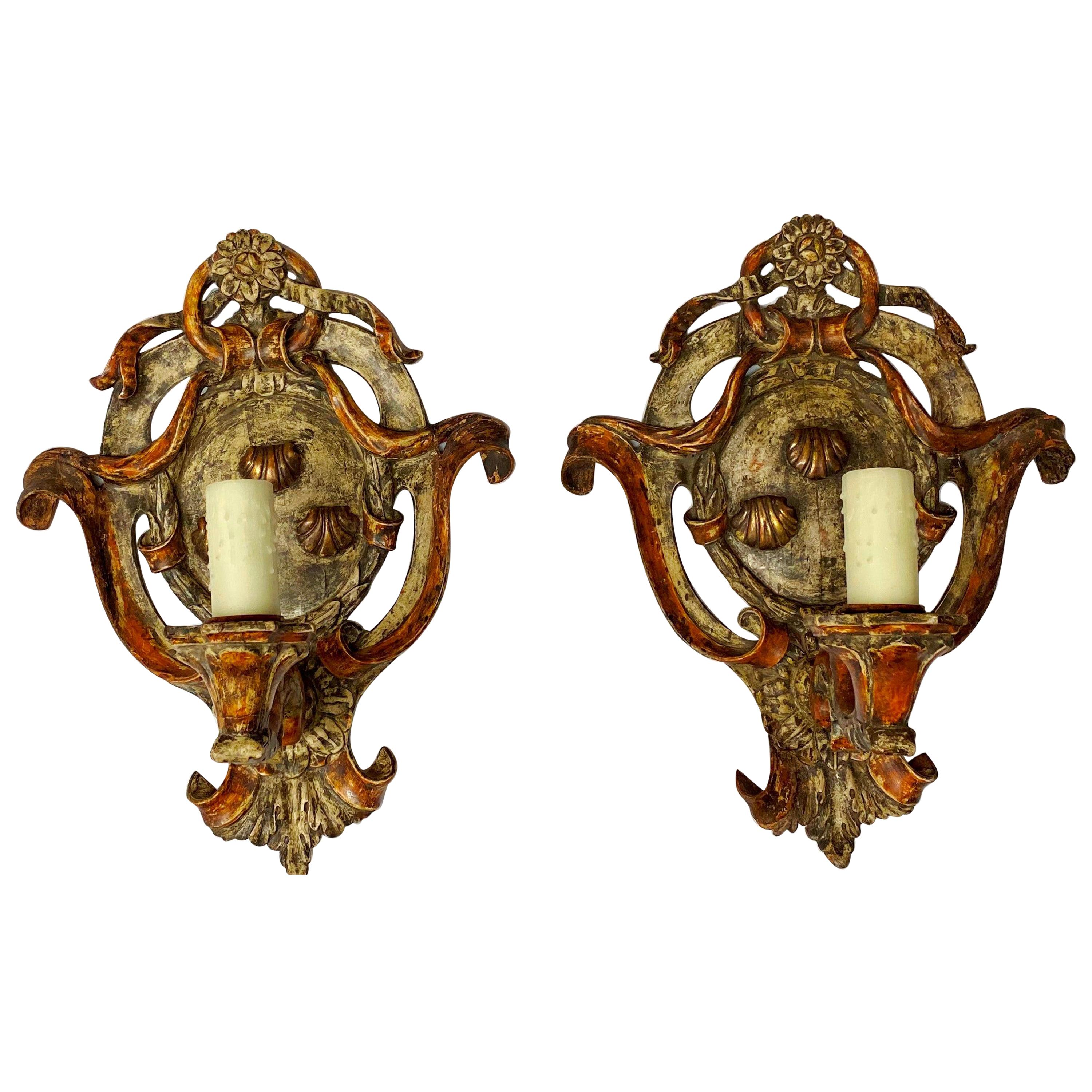 Pair of Italian Painted Carved Wood Sconces, 19th Century For Sale