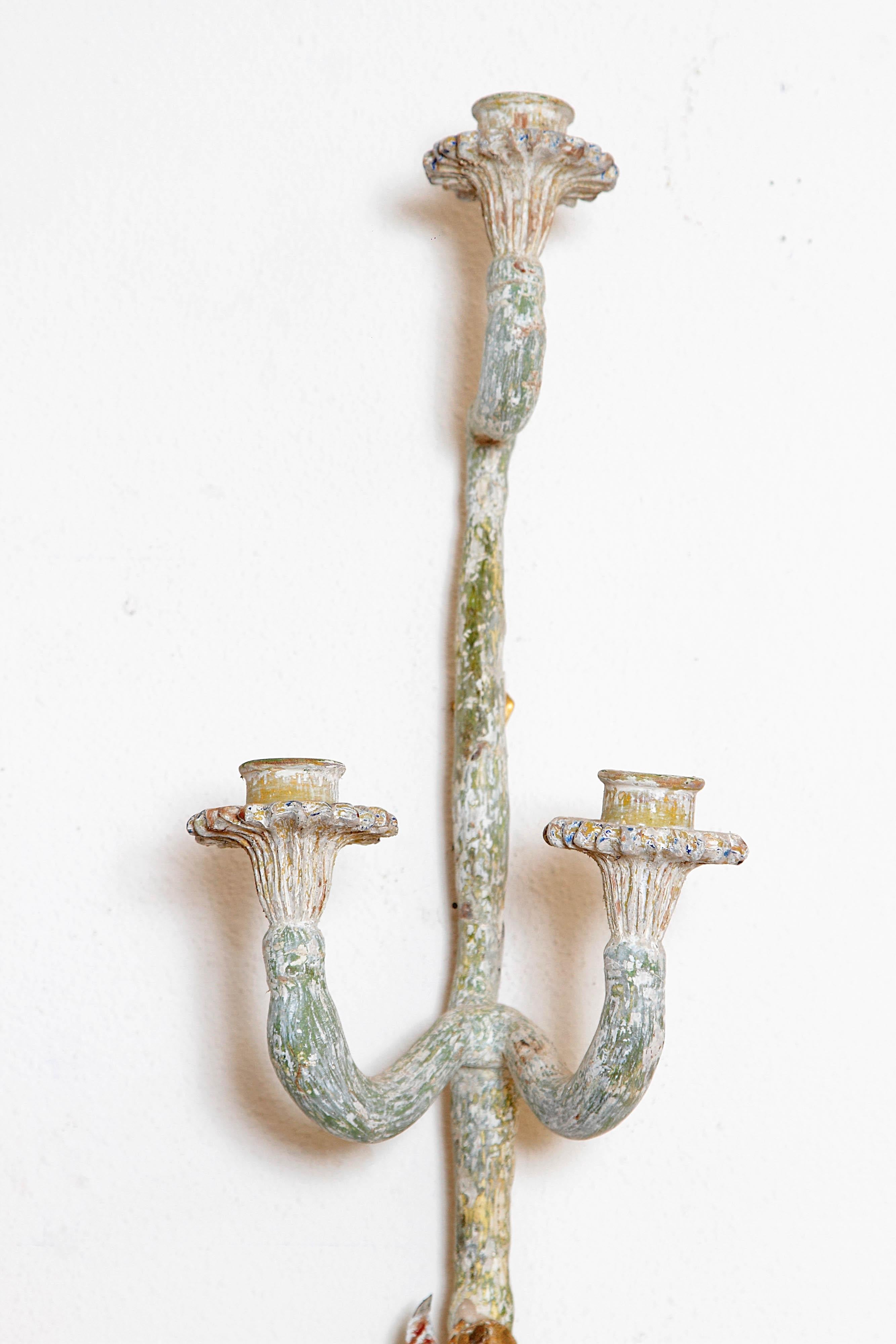 Hand-Painted Pair of Italian Painted Carved Wood Sconces