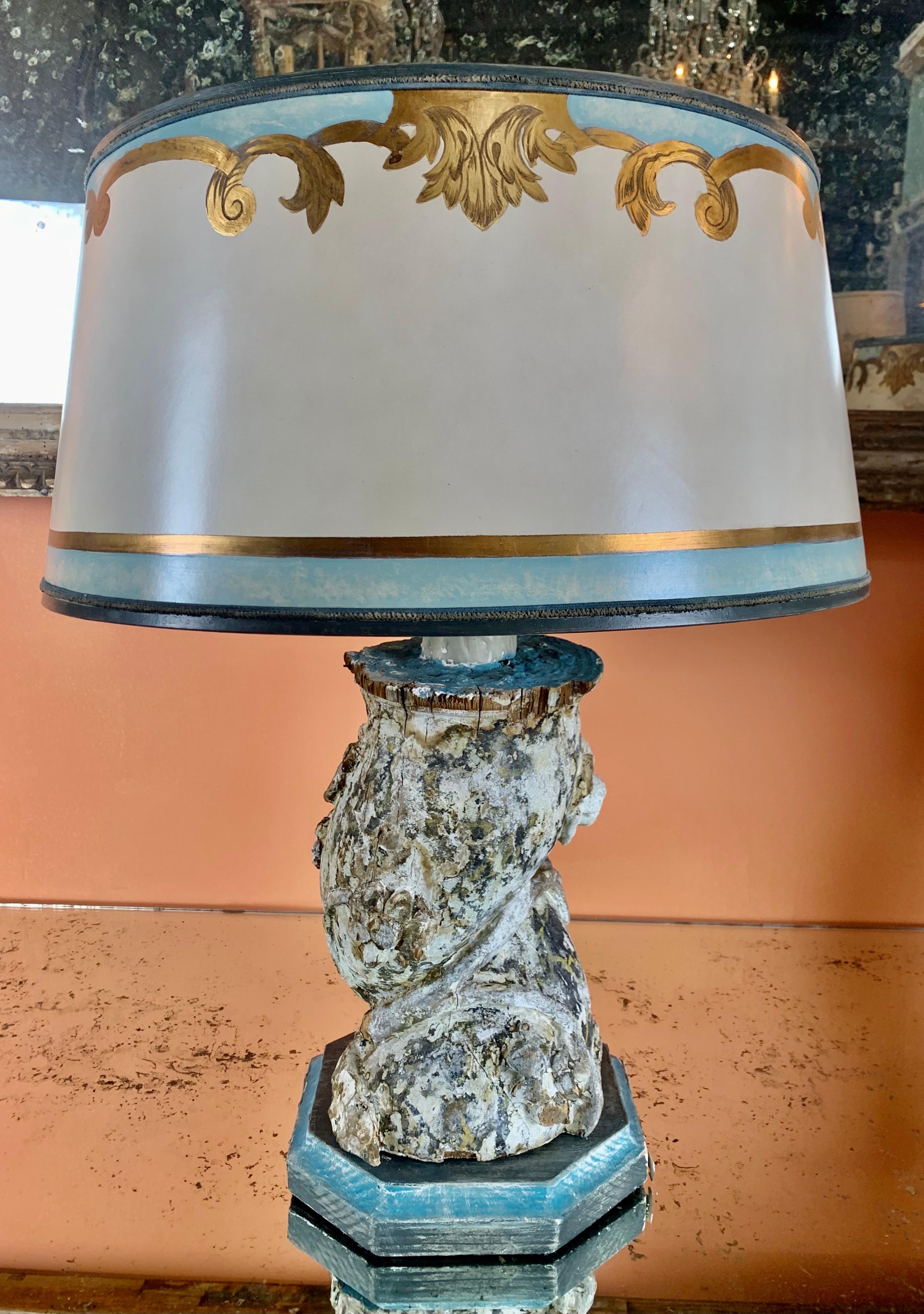 Paire de lampes à colonnes italiennes peintes avec abat-jours en parchemin Abîmé - En vente à Los Angeles, CA