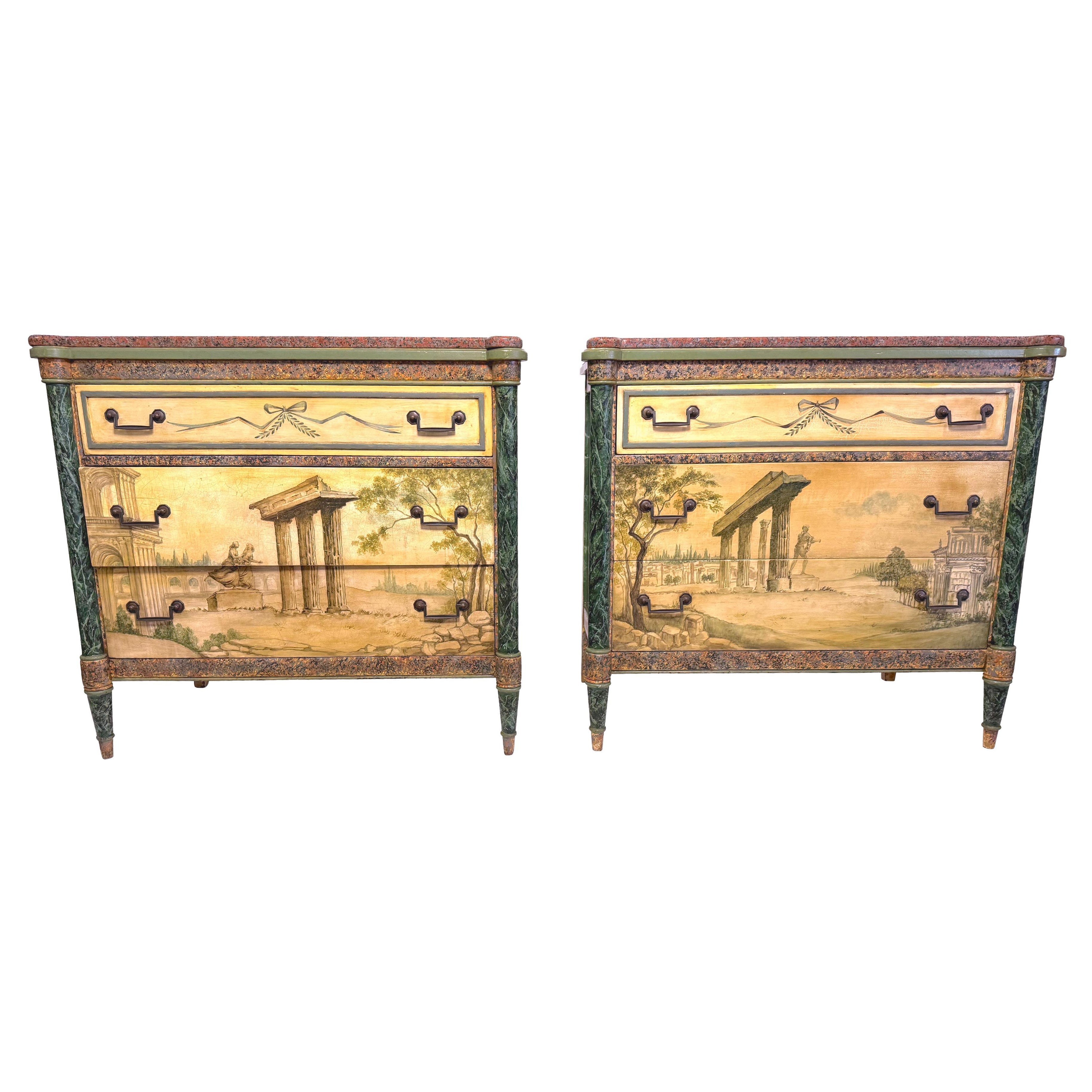 Pair of Italian Painted Commodes with Marble Tops, Neoclassical Style Chests
