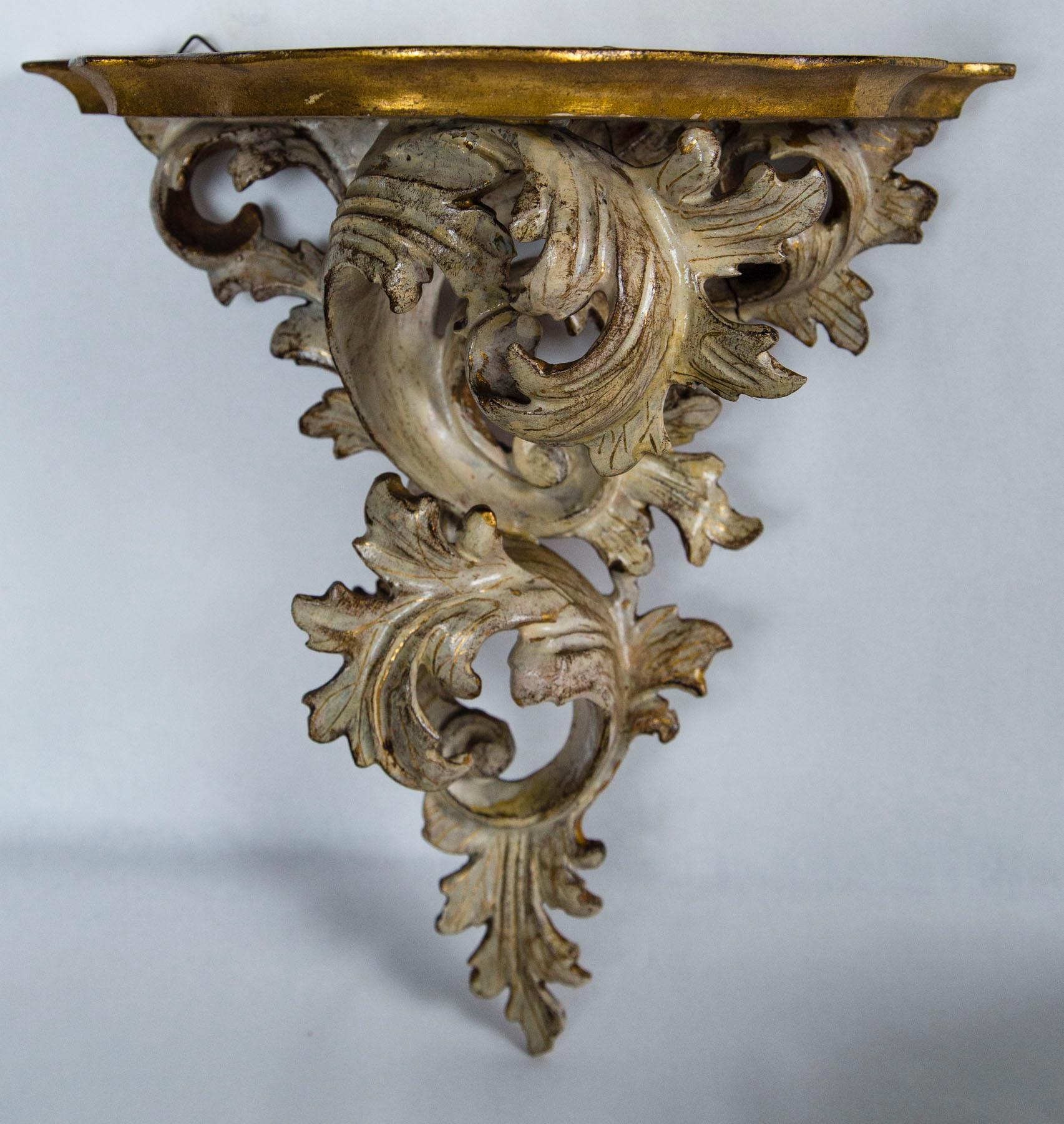Rococo Pair of Italian Painted Creamy White with Gilt Accents Wall Brackets