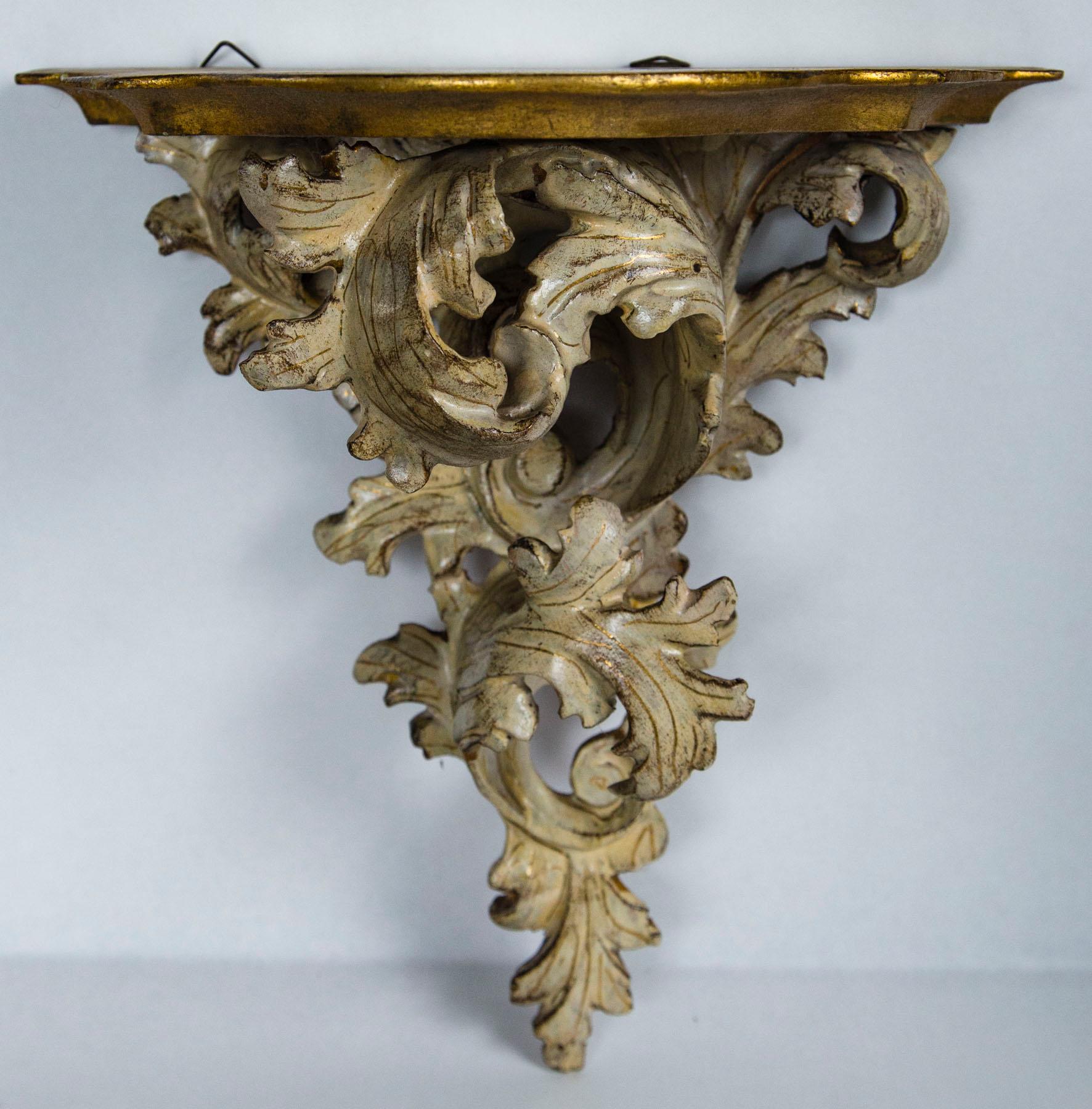 Hand-Carved Pair of Italian Painted Creamy White with Gilt Accents Wall Brackets