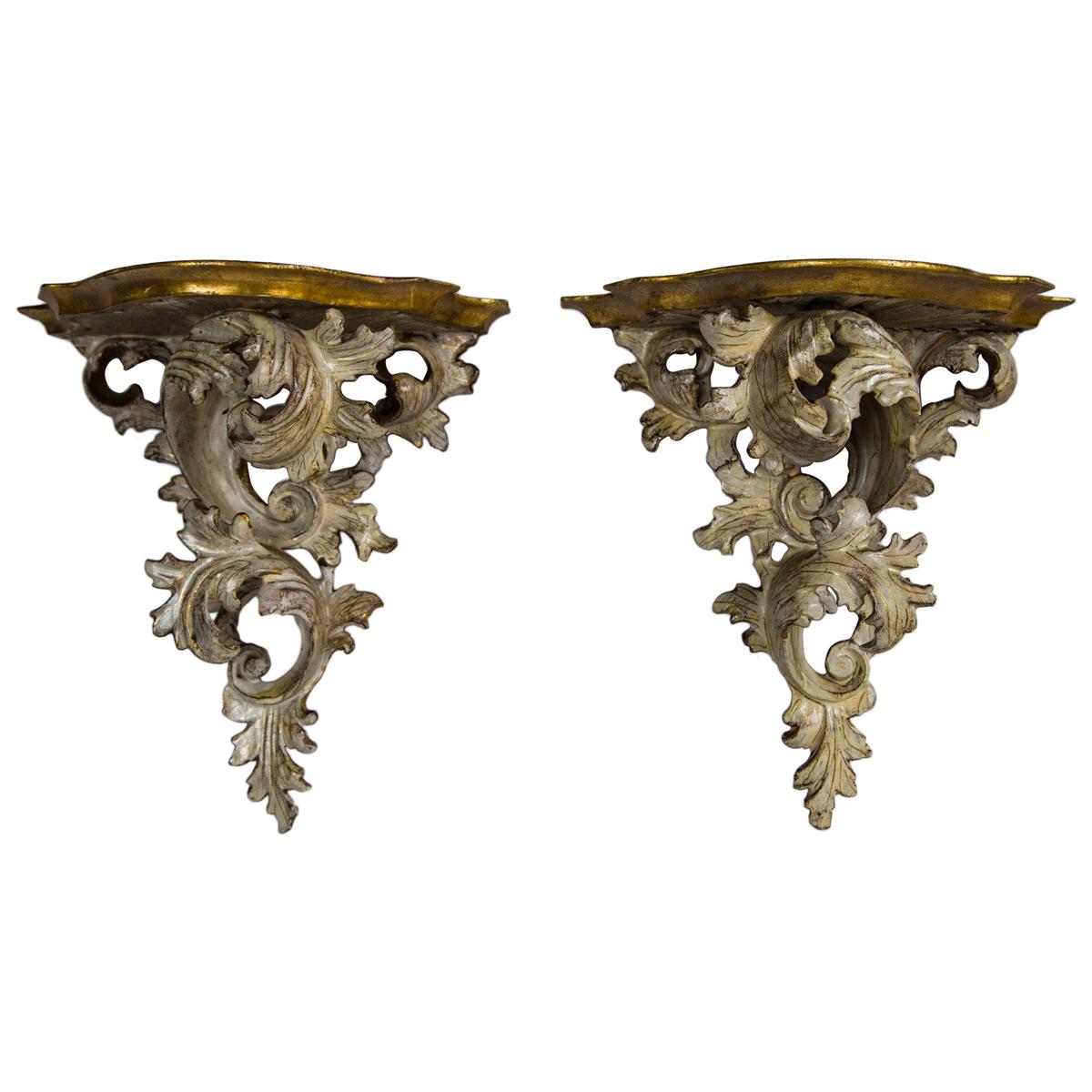 Pair of Italian Painted Creamy White with Gilt Accents Wall Brackets