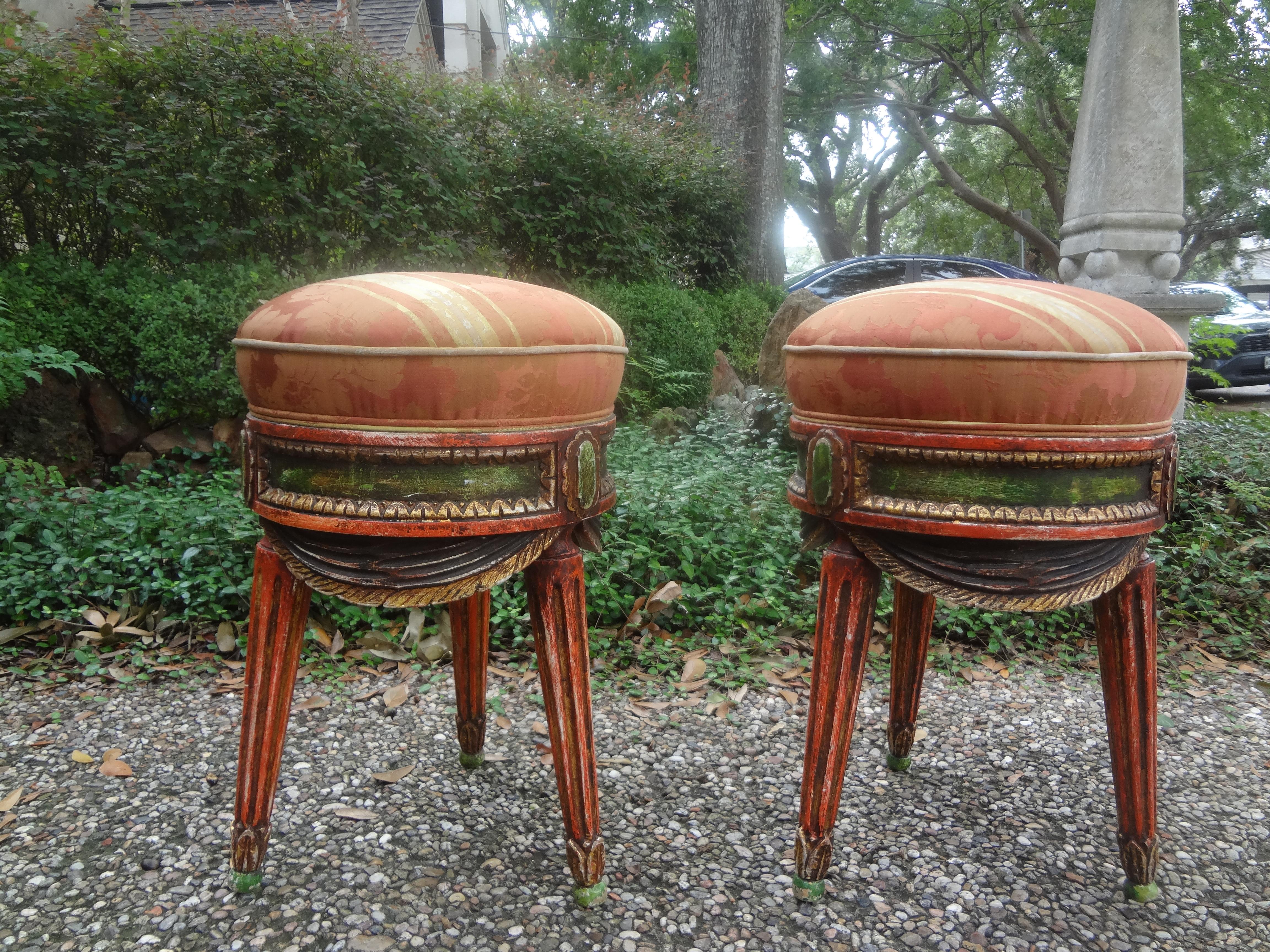Neoclassical Pair Of Italian Painted Draped Poufs For Sale