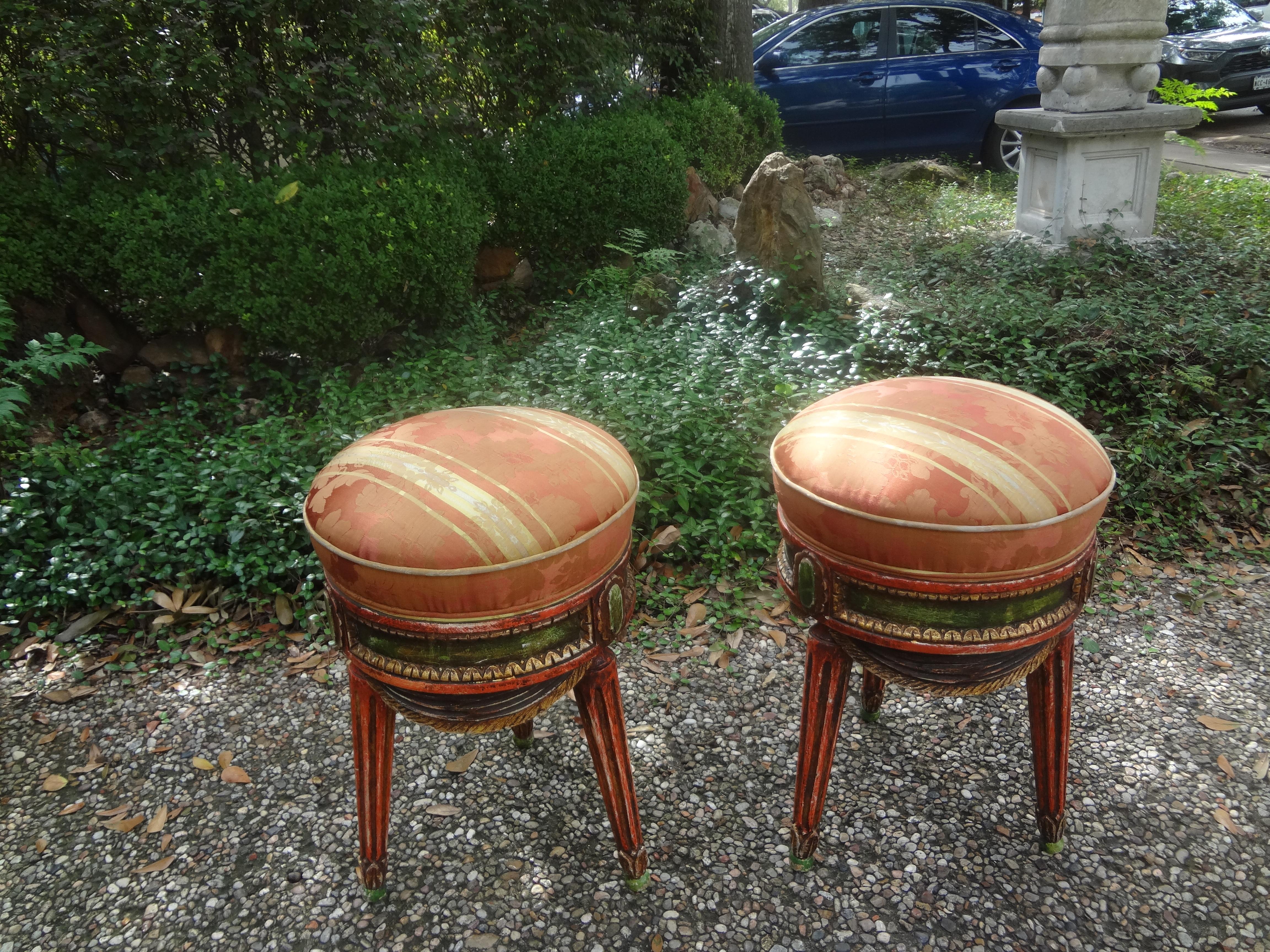 Pair Of Italian Painted Draped Poufs For Sale 1