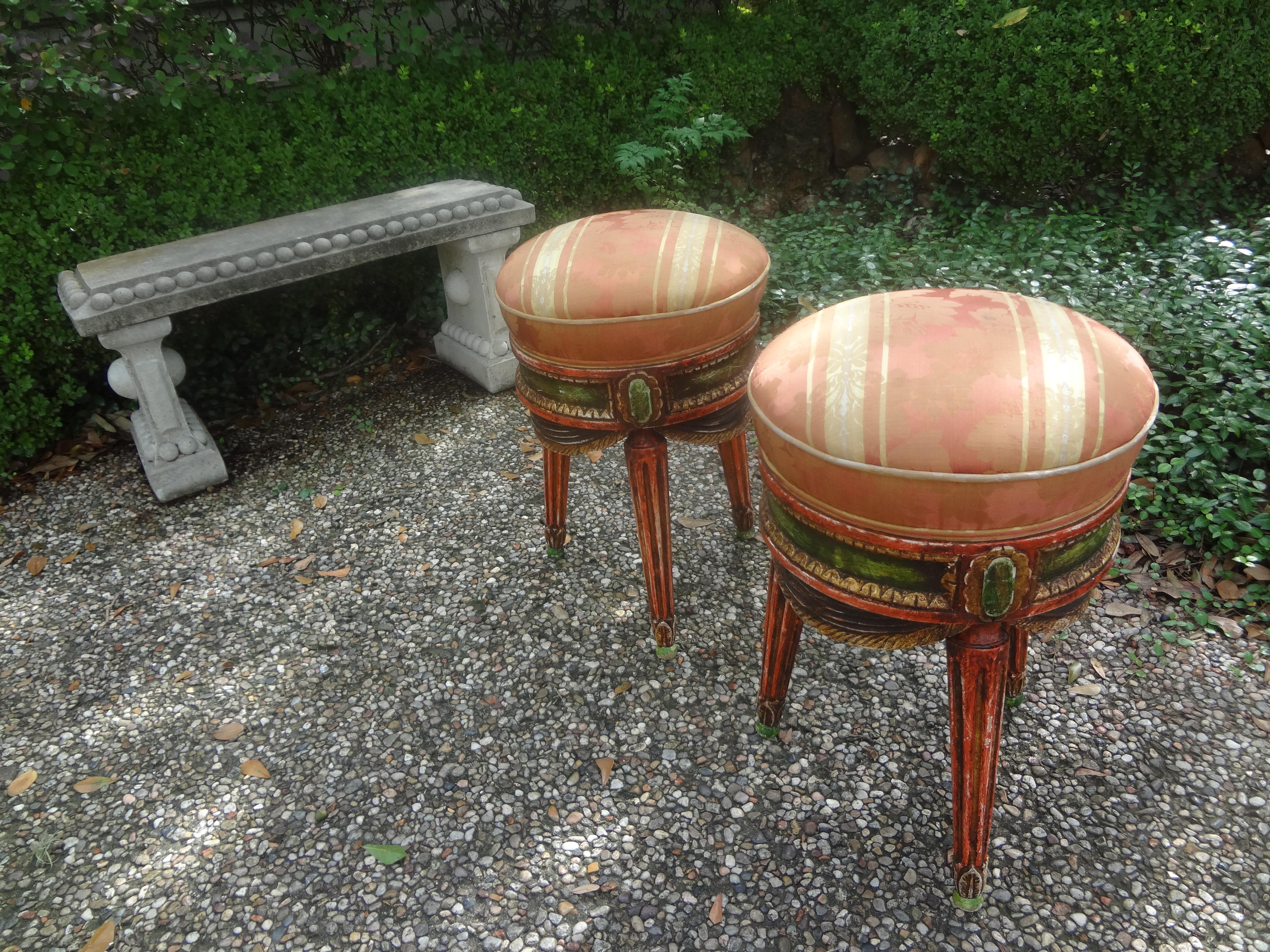 Pair Of Italian Painted Draped Poufs For Sale 2