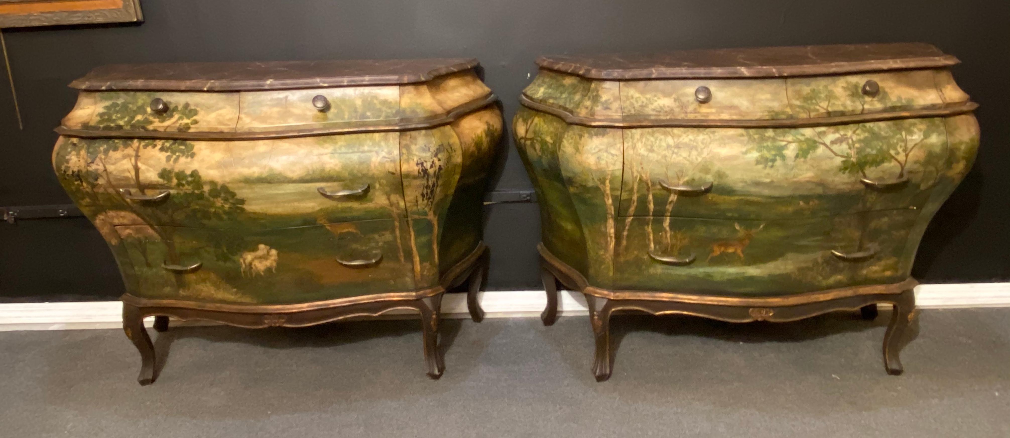 Louis XVI Pair of Italian Painted Faux Marble-Top Bombay Commodes or Nightstands