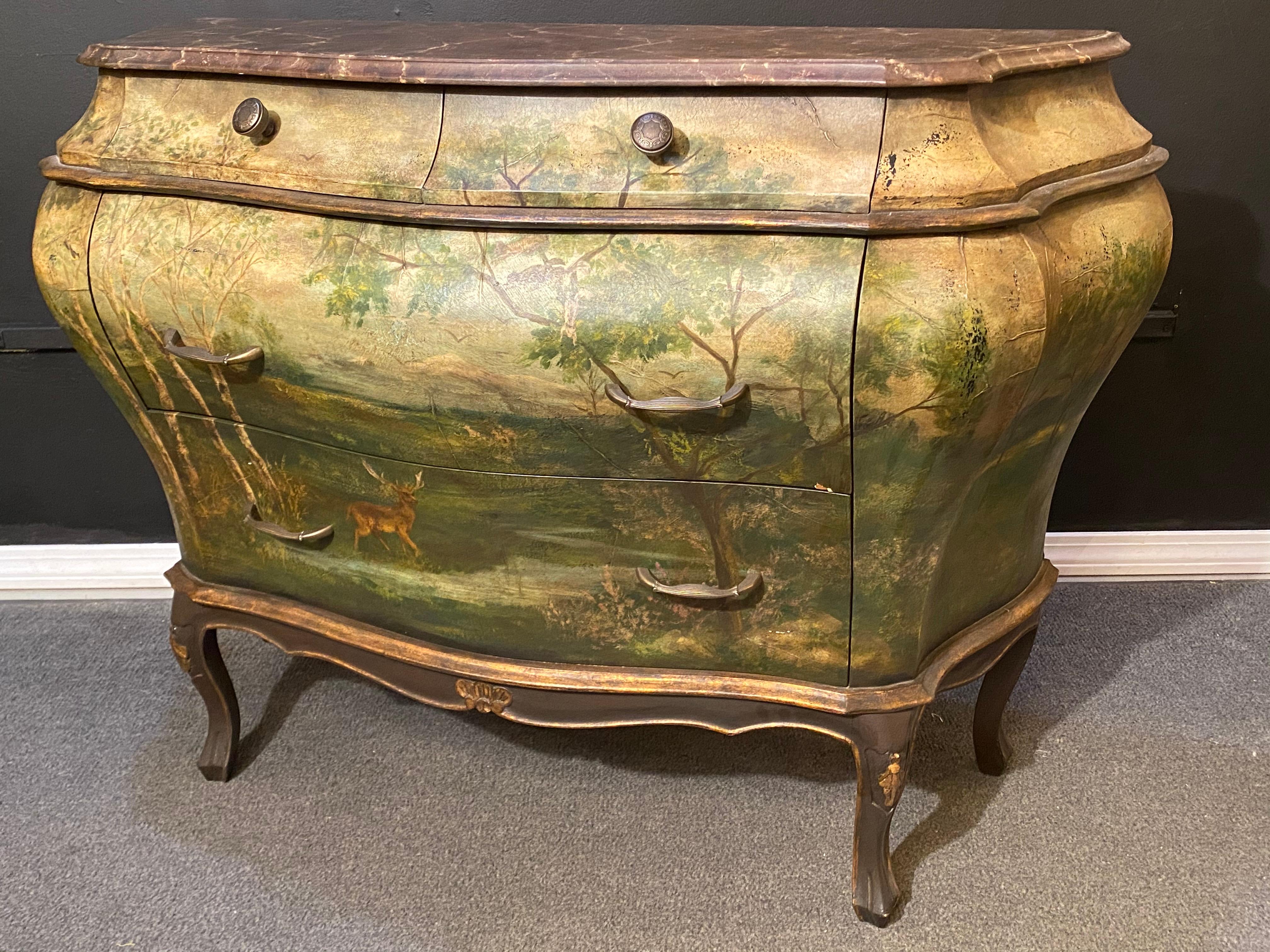 Hand-Painted Pair of Italian Painted Faux Marble-Top Bombay Commodes or Nightstands
