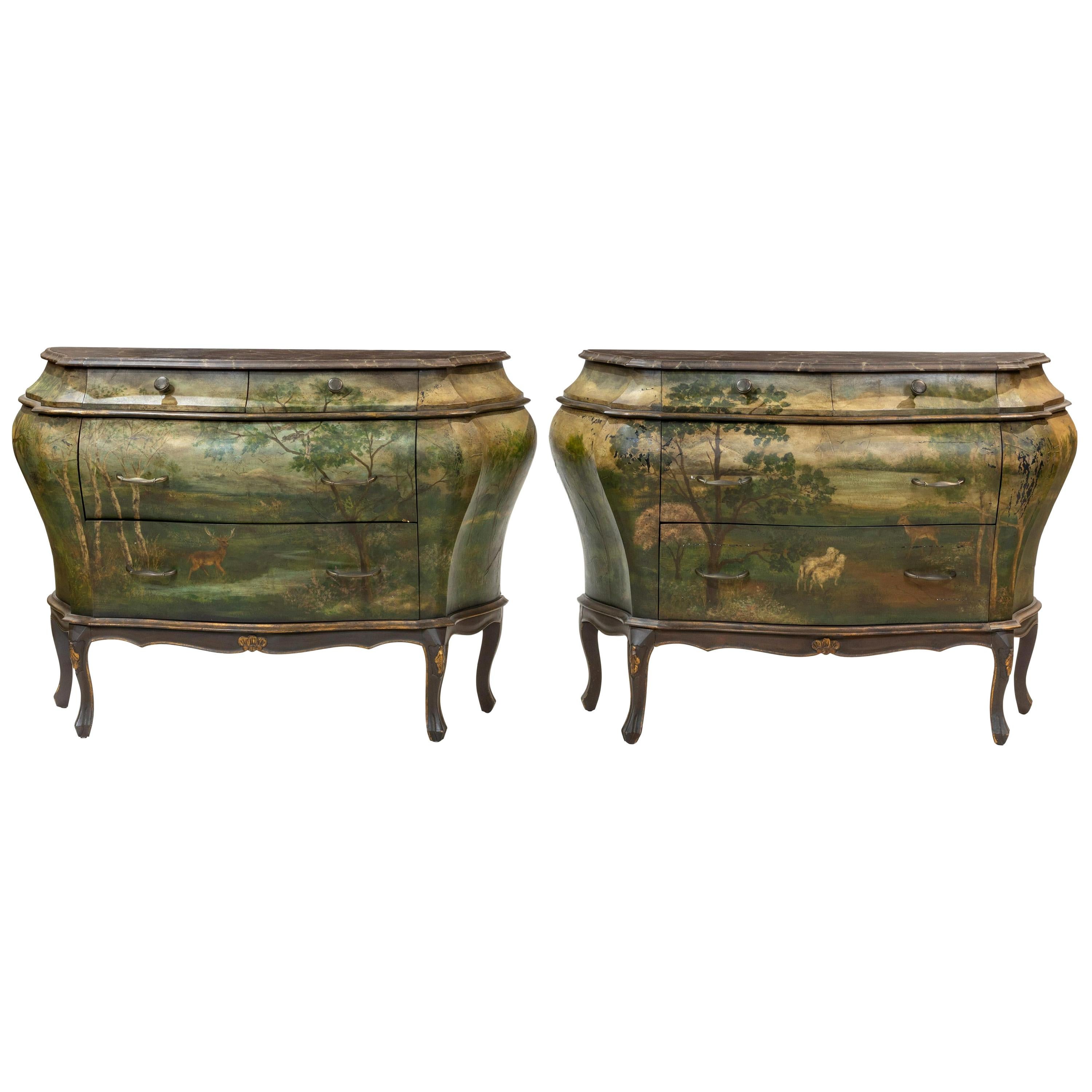 Pair of Italian Painted Faux Marble-Top Bombay Commodes or Nightstands