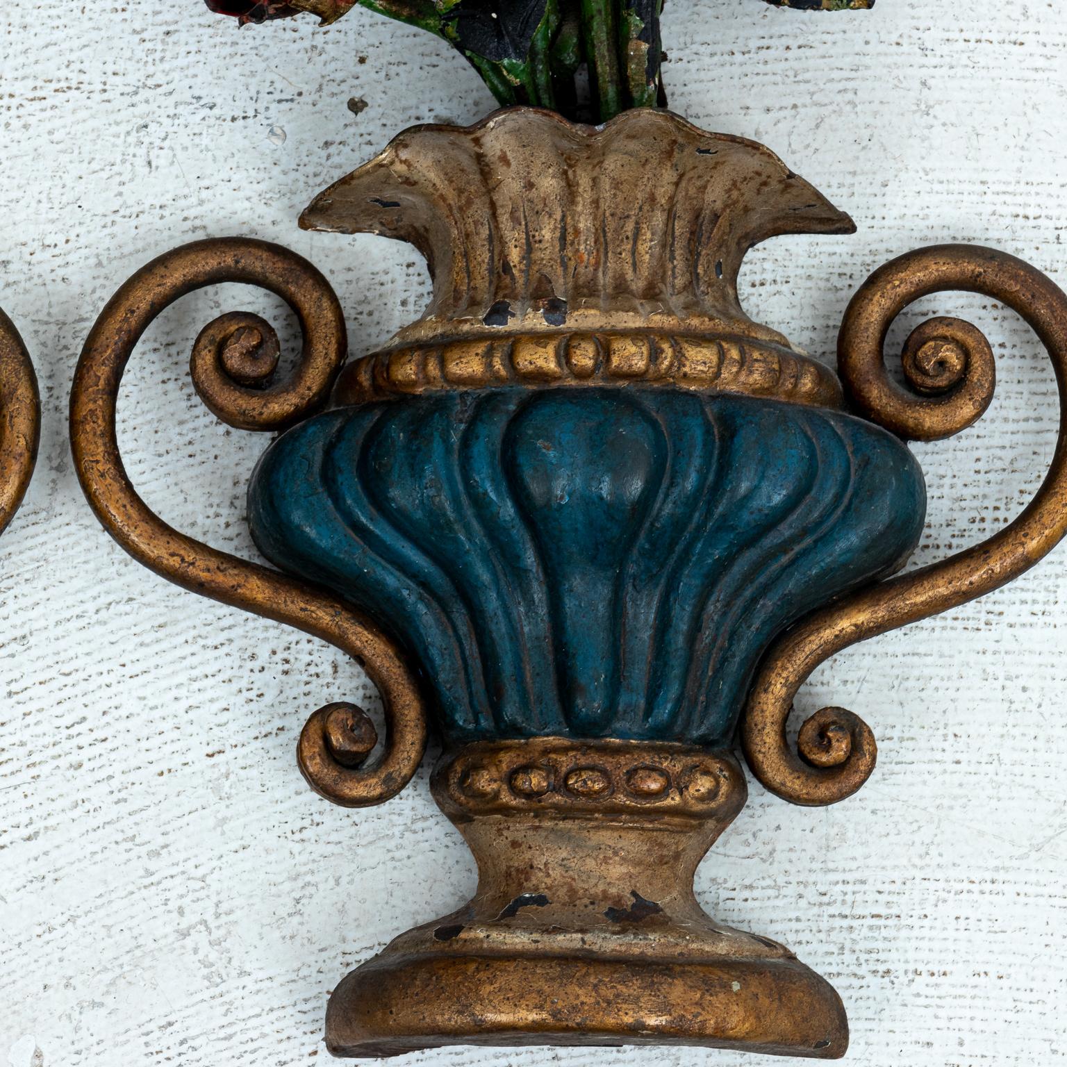 19th Century Pair of Italian Painted Floral Urns