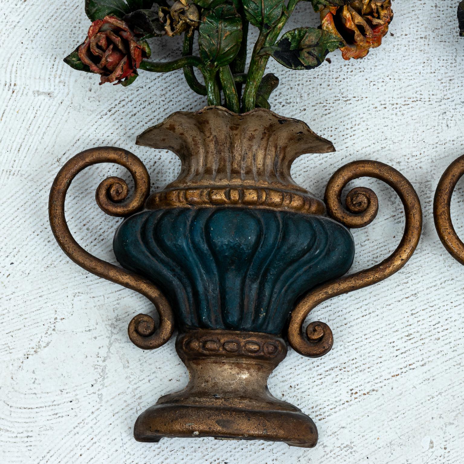 Iron Pair of Italian Painted Floral Urns