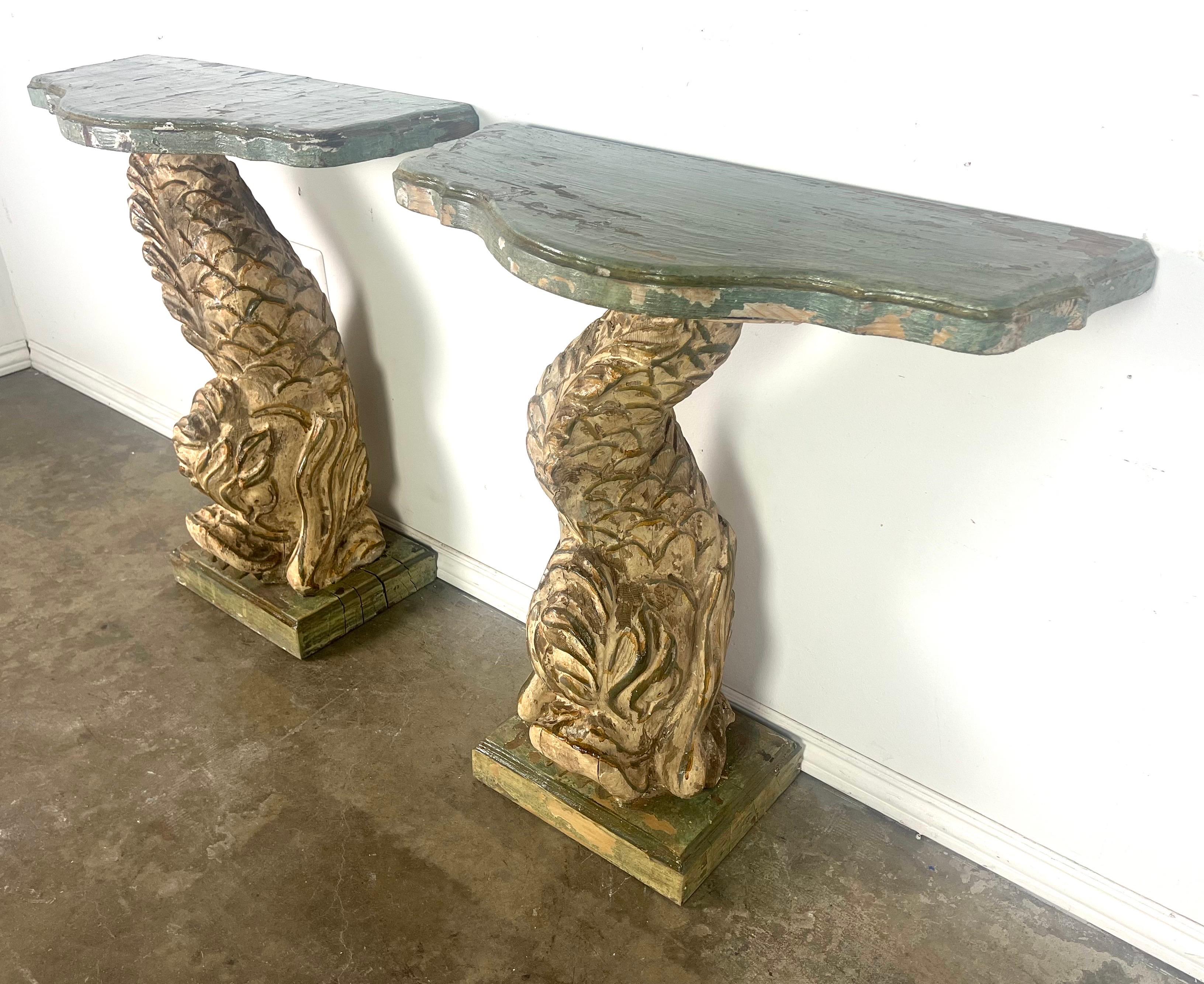 Giltwood Pair of Italian Painted & Gilt Wood Consoles For Sale