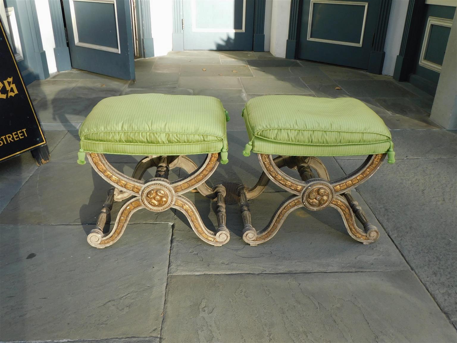 Hand-Crafted Pair of Italian Painted & Gilt Wood Foliate Upholstered Curule Stools, C. 1780 For Sale