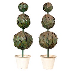 Pair of Italian Painted Midcentury Metal Topiary Sculptures Set in White Pots