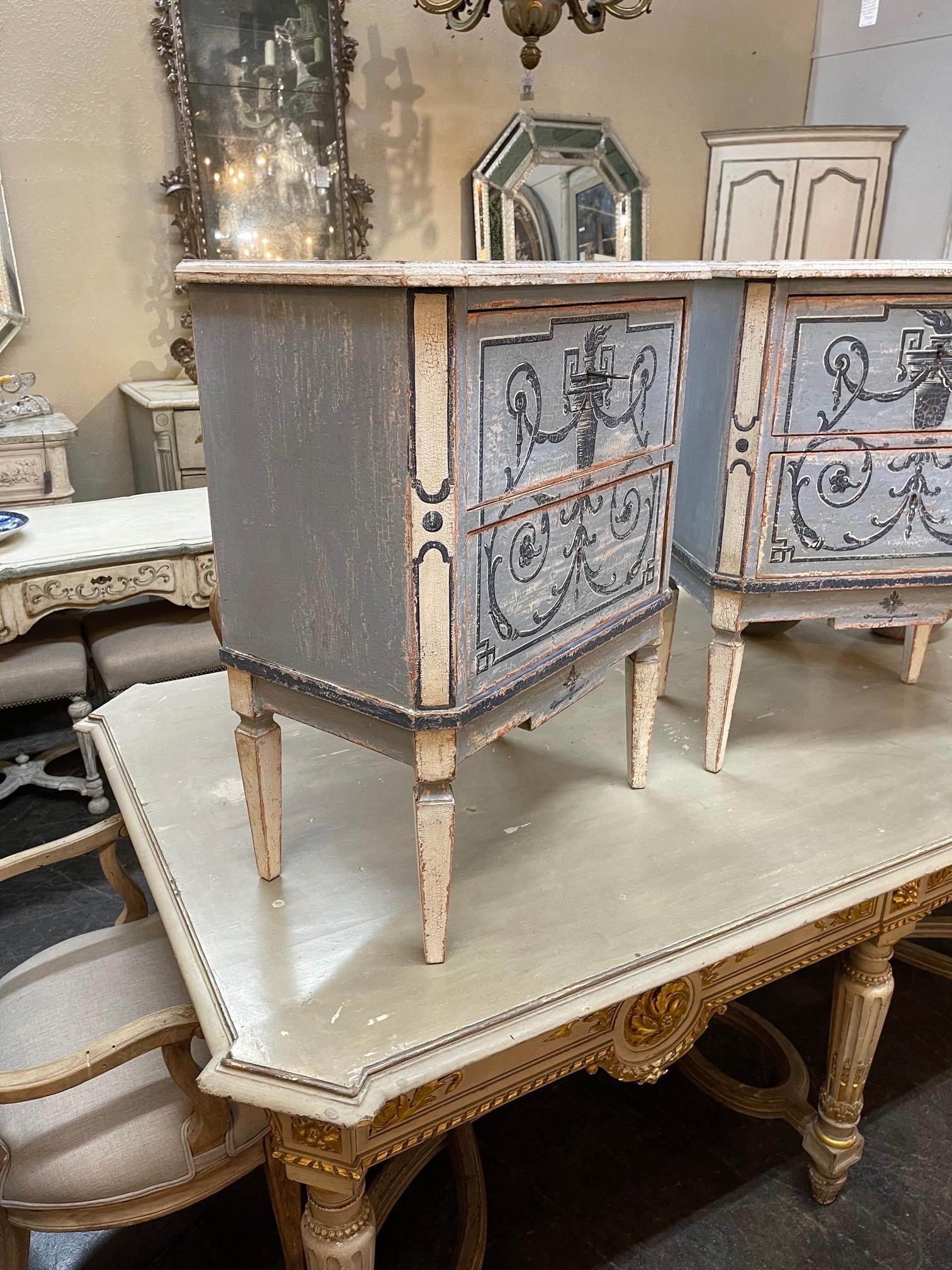 Hand-Painted Pair of Italian Painted Neo-Classical 2 Drawer Bed Side Tables