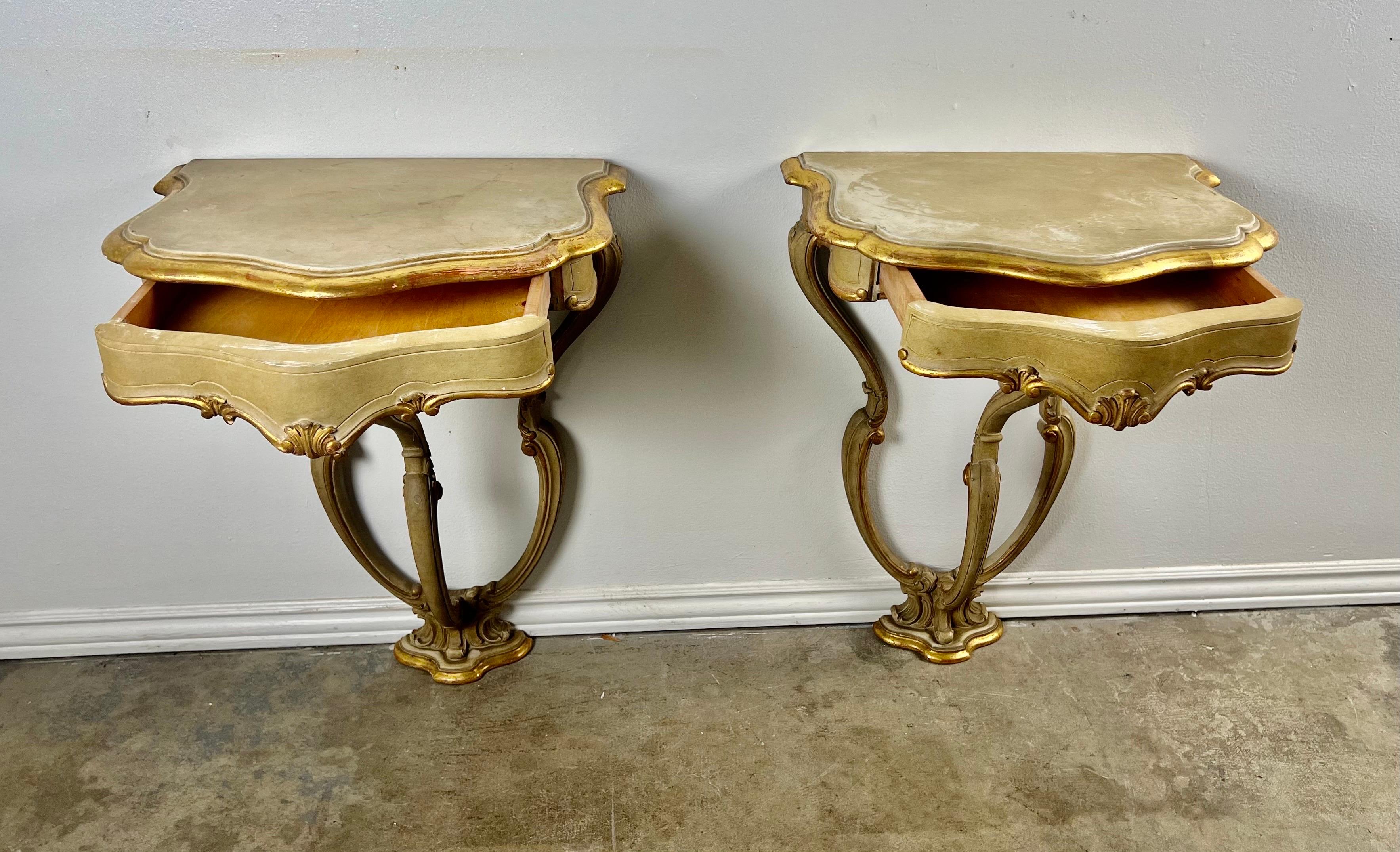 Pair of Italian Painted & Parcel Gilt Consoles w/ Drawers For Sale 7