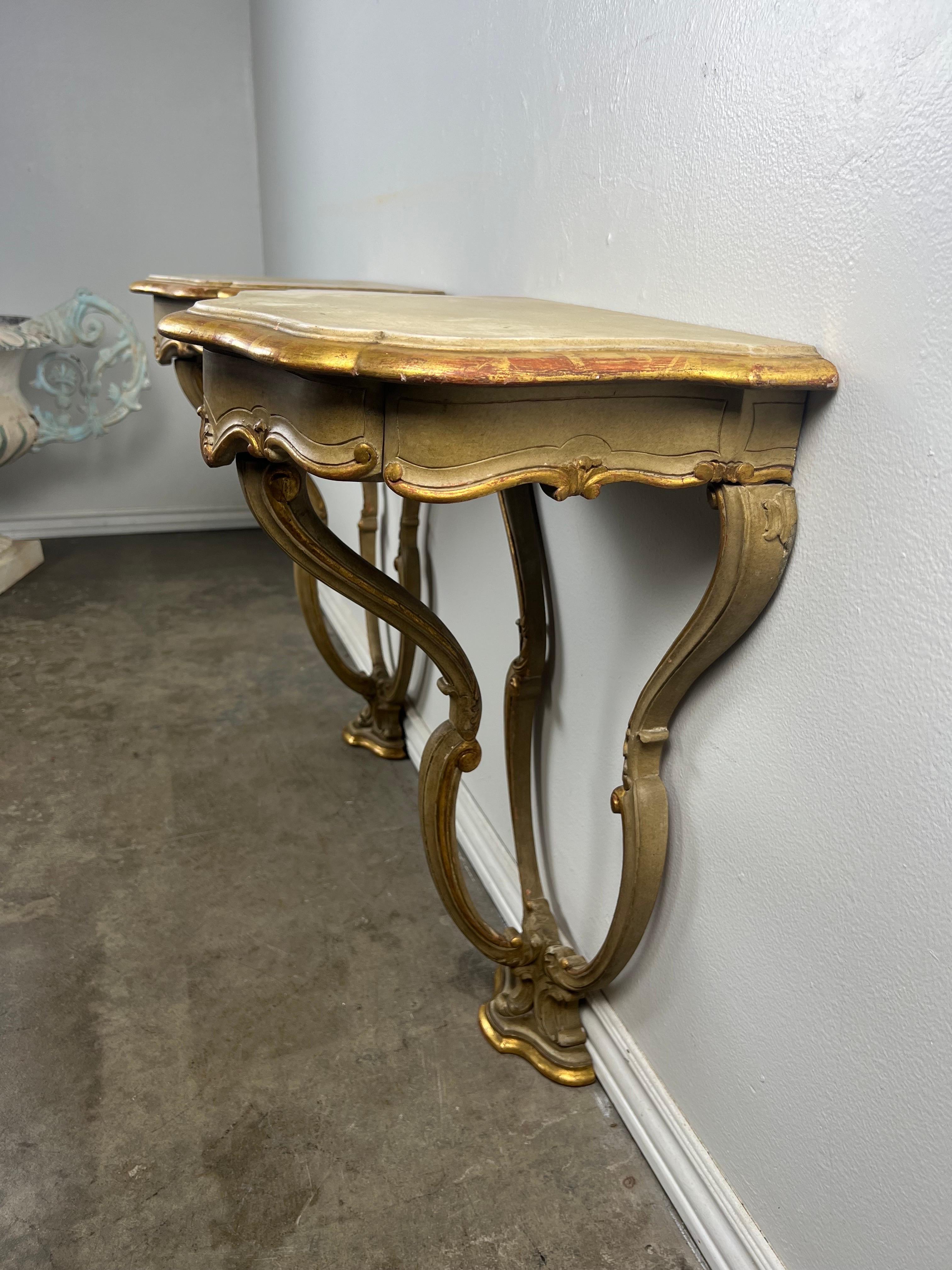 Pair of Italian Painted & Parcel Gilt Consoles w/ Drawers For Sale 9