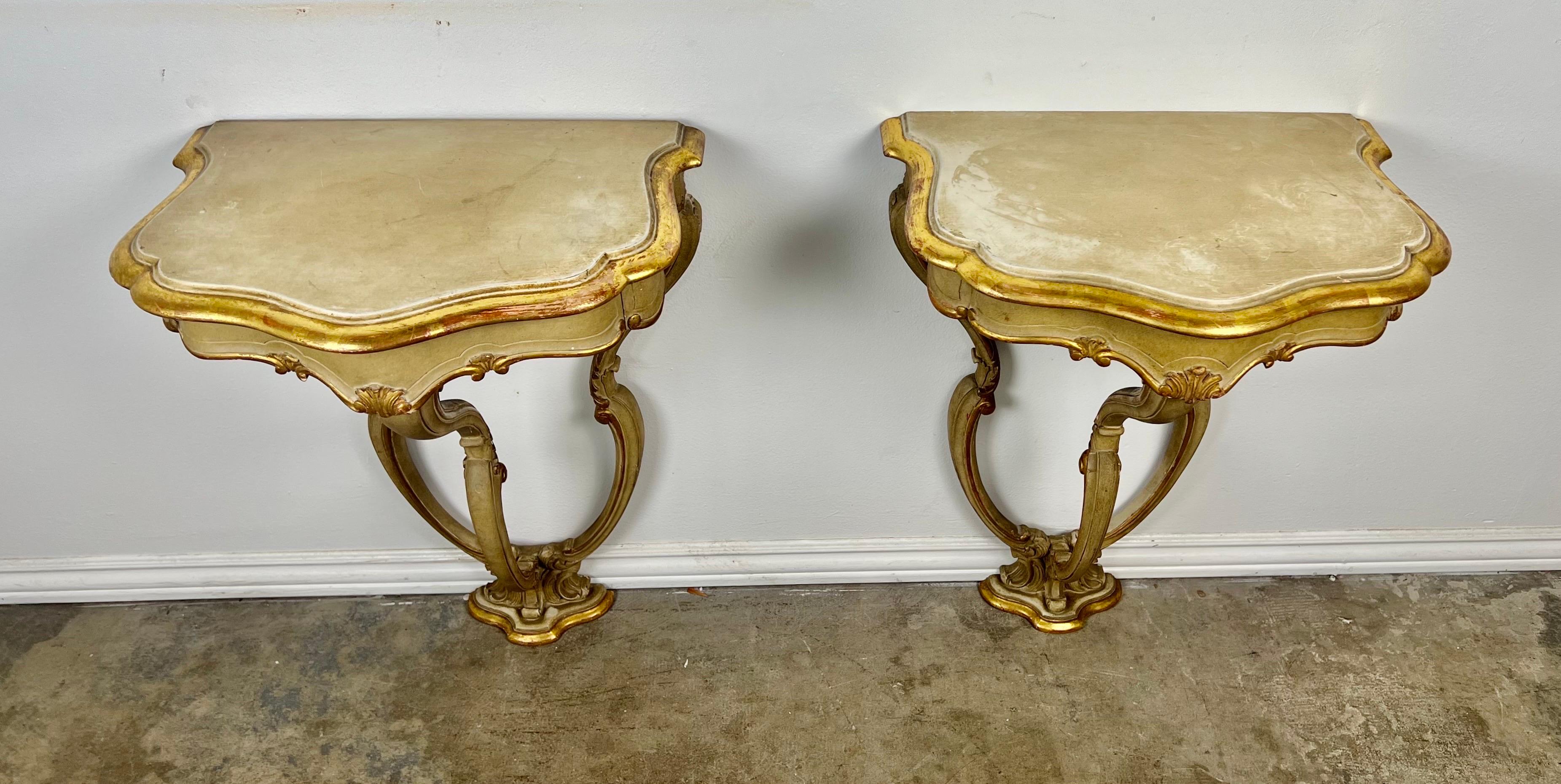 Hand-Painted Pair of Italian Painted & Parcel Gilt Consoles w/ Drawers For Sale